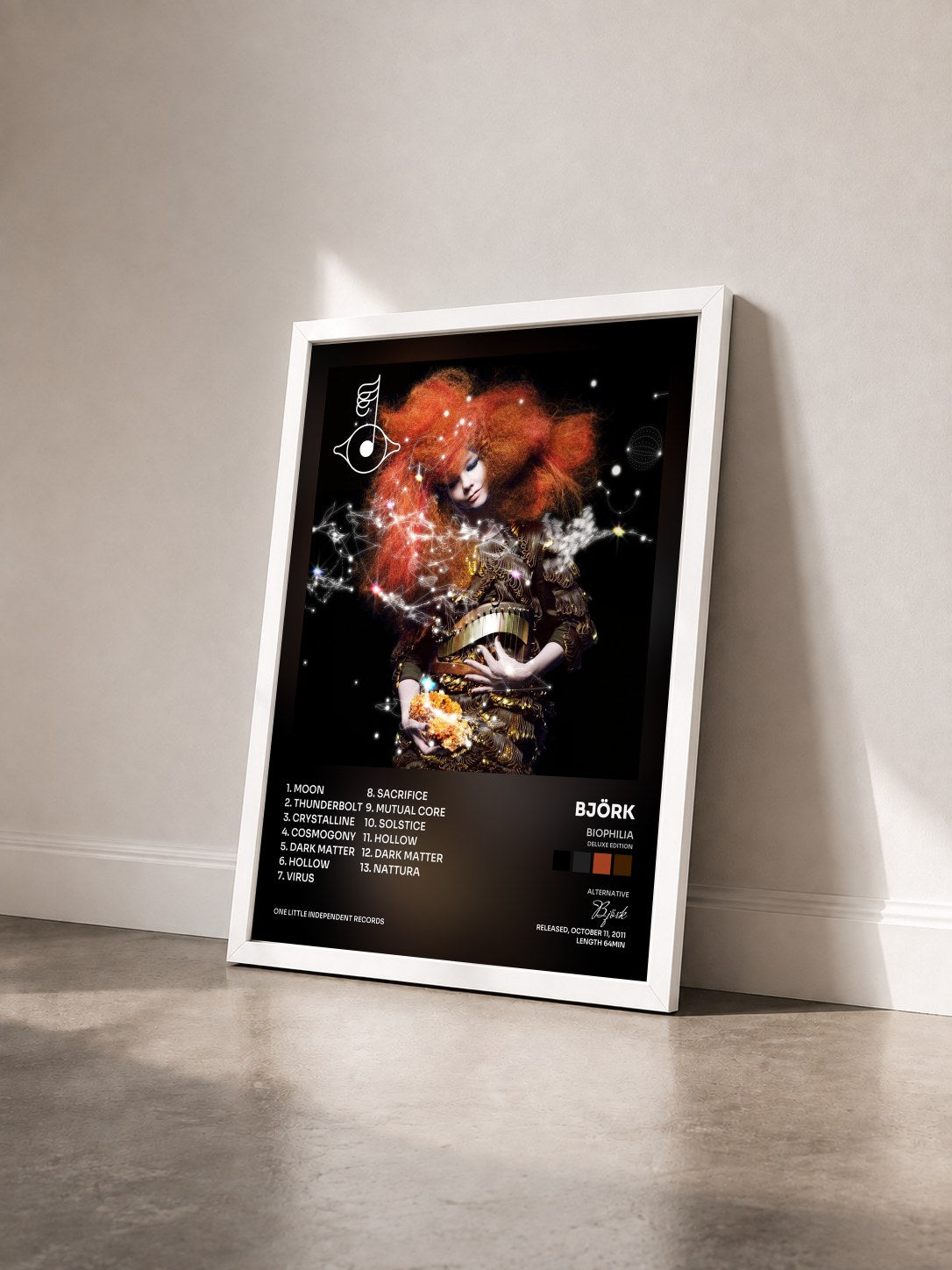 #blanc Tableau de l'album Biophilia (Deluxe Edition) de Björk vu de trois quarts, cadre blanc