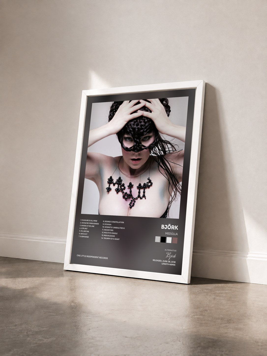 #blanc Tableau de l'album Medúlla de Björk vu de trois quarts, cadre blanc