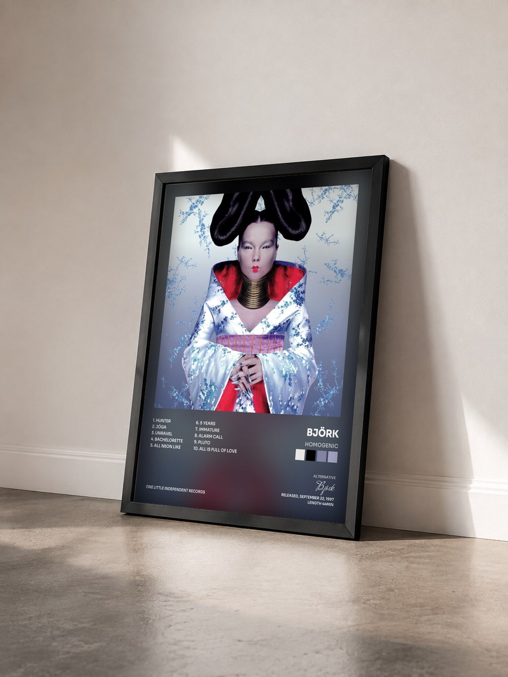 #noir Tableau de l'album Homogenic de Björk vu de trois quarts, cadre noir