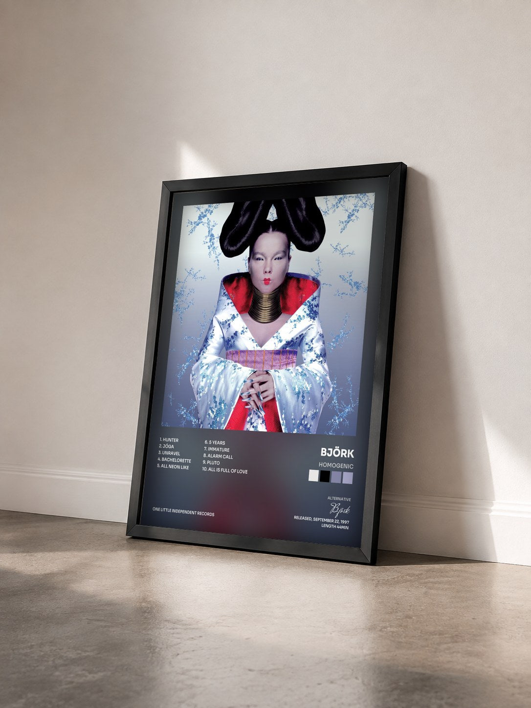 #noir Tableau de l'album Homogenic de Björk vu de trois quarts, cadre noir