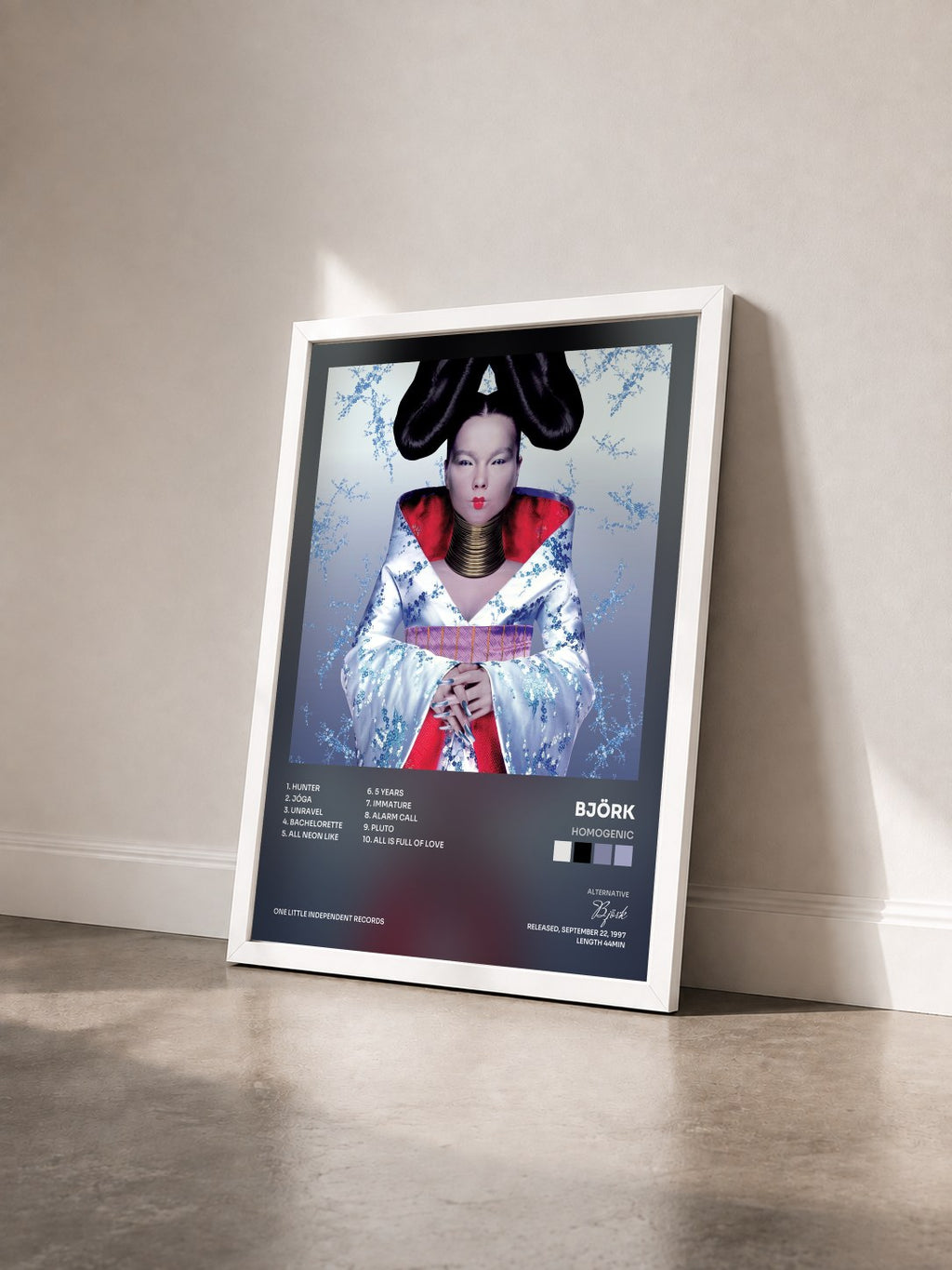 #blanc Tableau de l'album Homogenic de Björk vu de trois quarts, cadre blanc