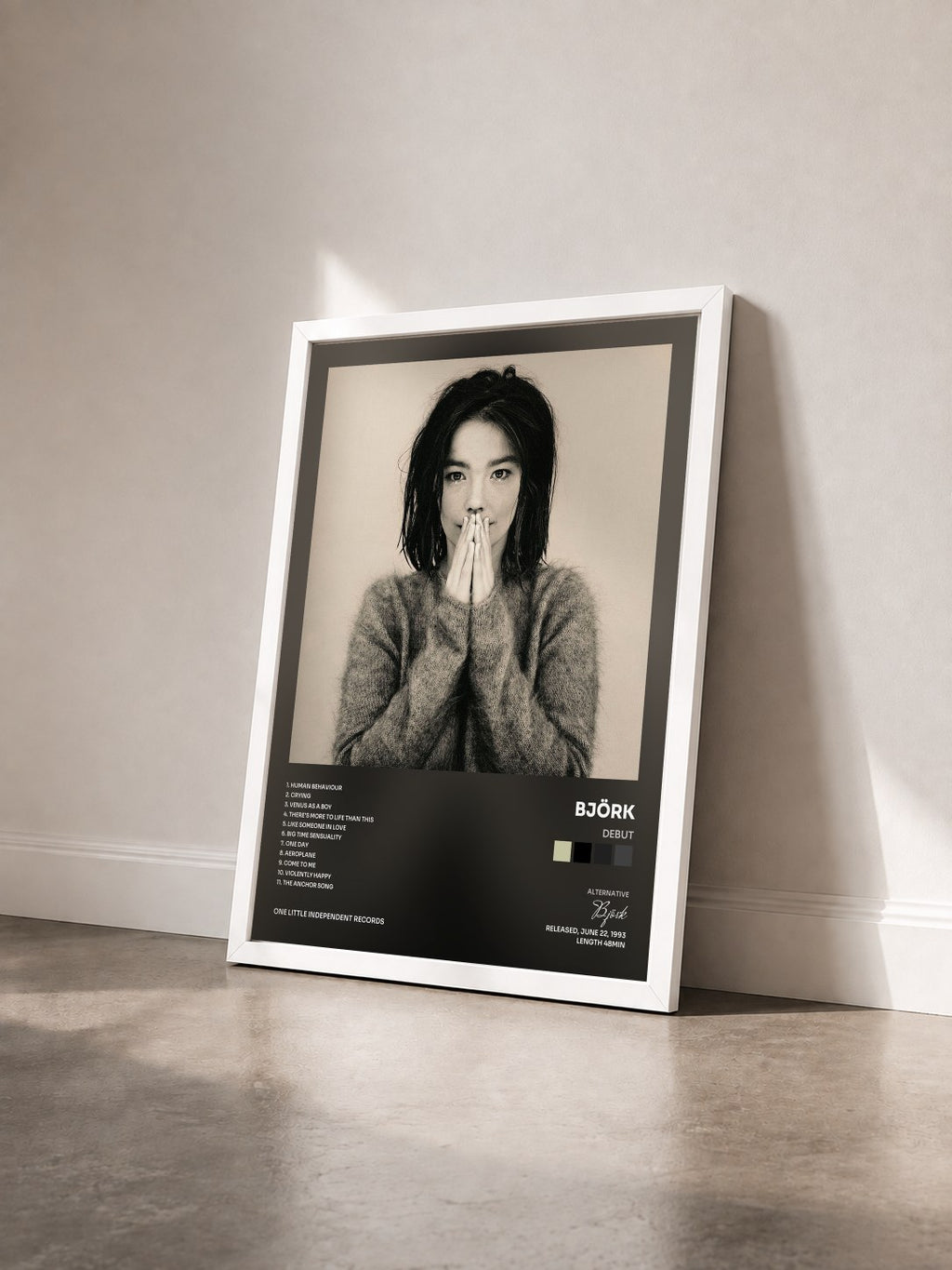 #blanc Tableau de l'album Debut de Björk vu de trois quarts, cadre blanc