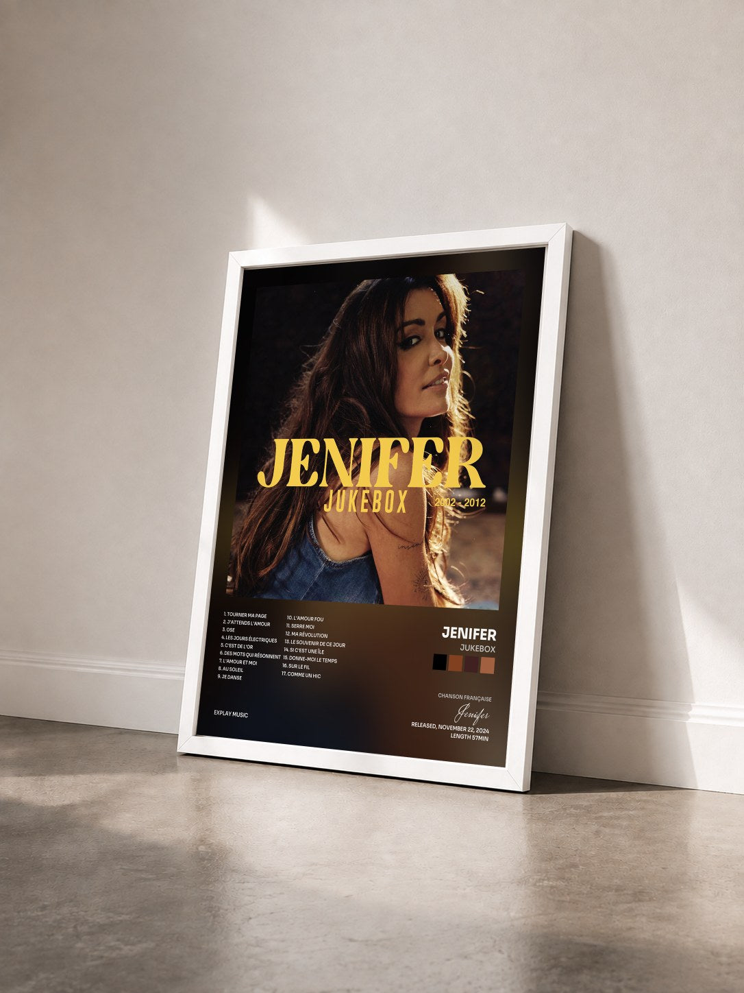 #blanc Tableau de l'album JUKEBOX de Jenifer vu de trois quarts, cadre blanc