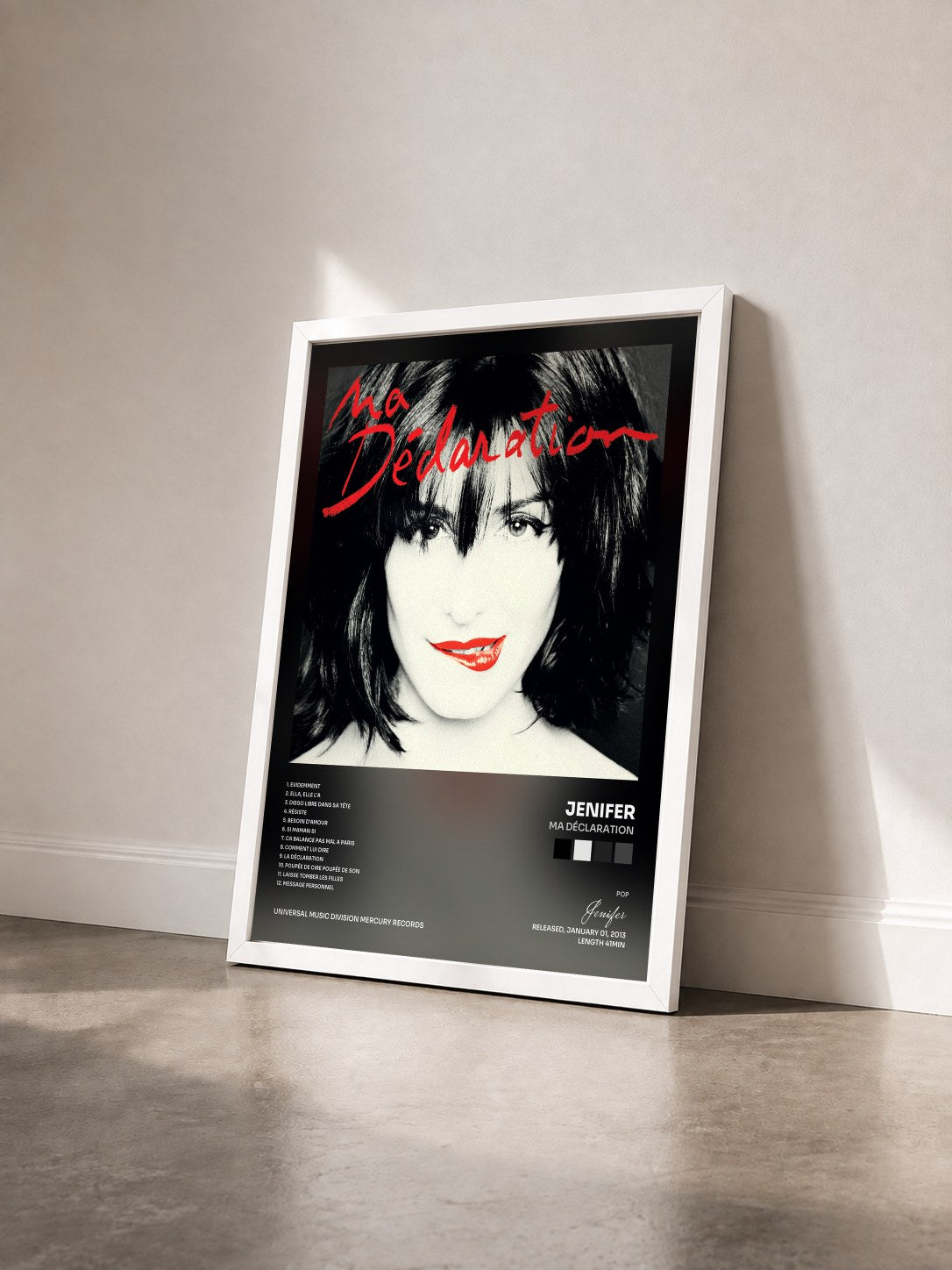 #blanc Tableau de l'album Ma Déclaration de Jenifer vu de trois quarts, cadre blanc