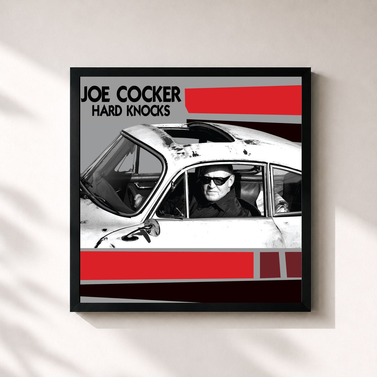 #noir Hard Knocks di Joe Cocker in stampa quadrata incorniciata, cornice nera 32x32 cm