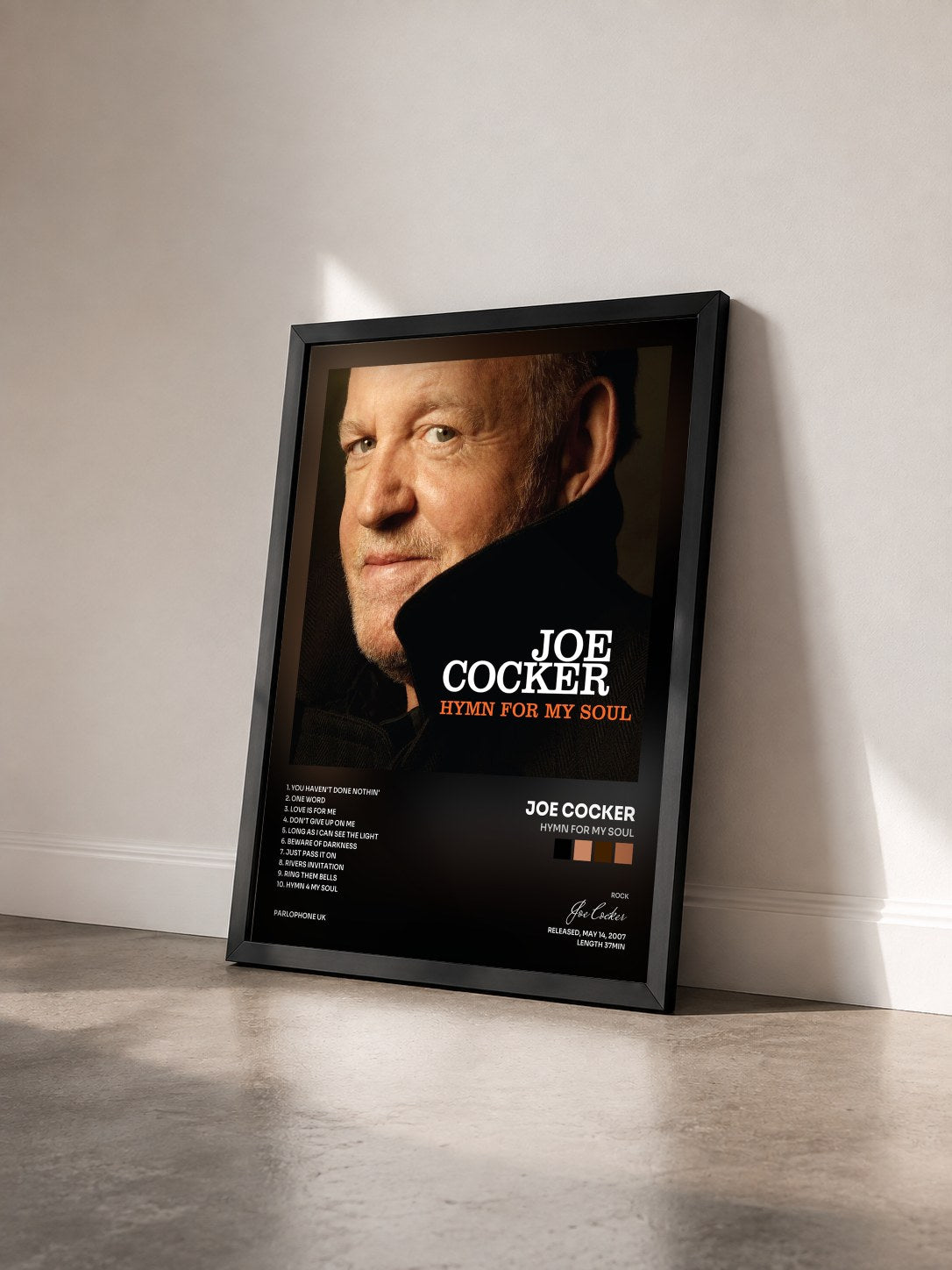 #noir Hymn for My Soul di Joe Cocker in stampa incorniciata vista di tre quarti, cornice nera