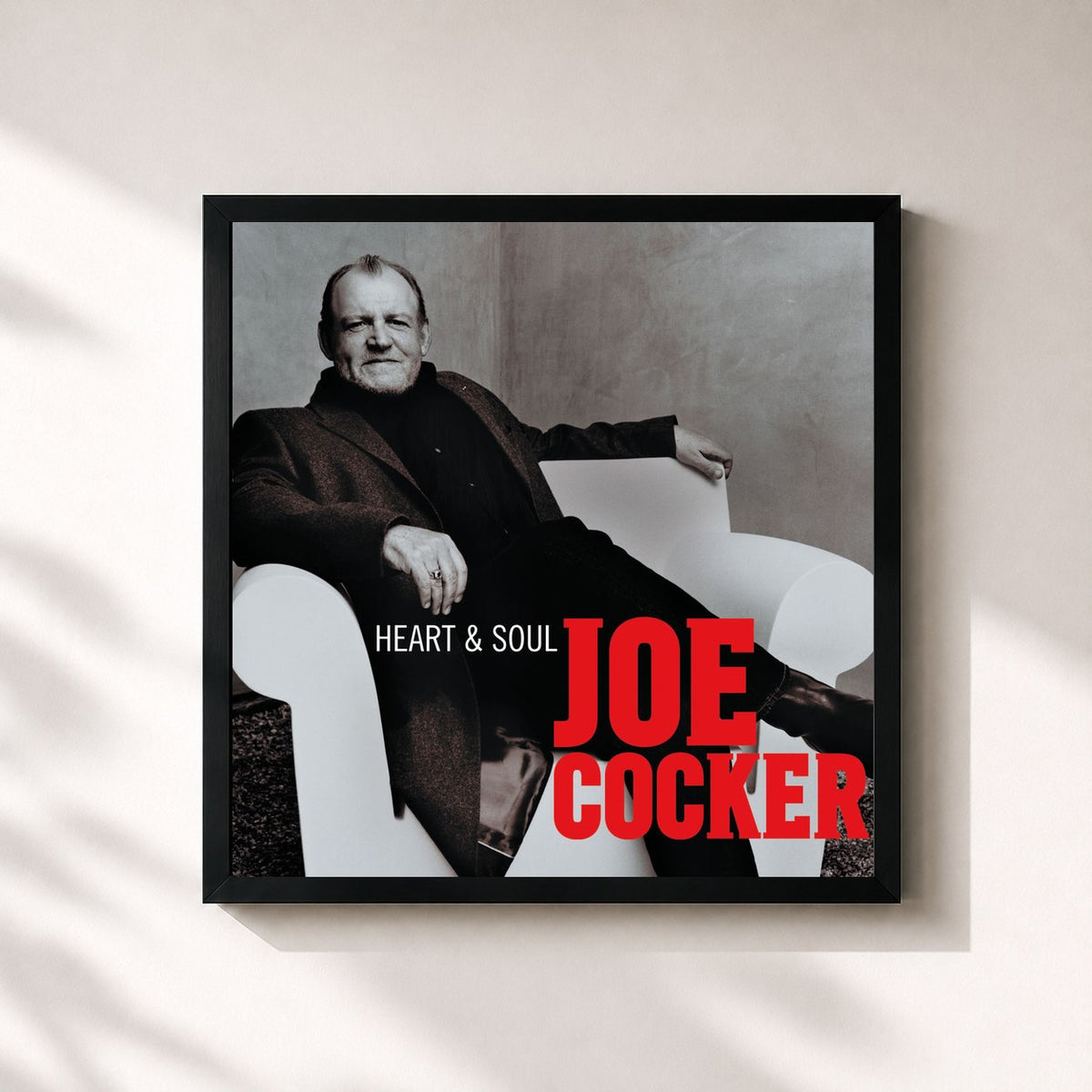 #noir Heart & Soul di Joe Cocker in stampa quadrata incorniciata, cornice nera 32x32 cm