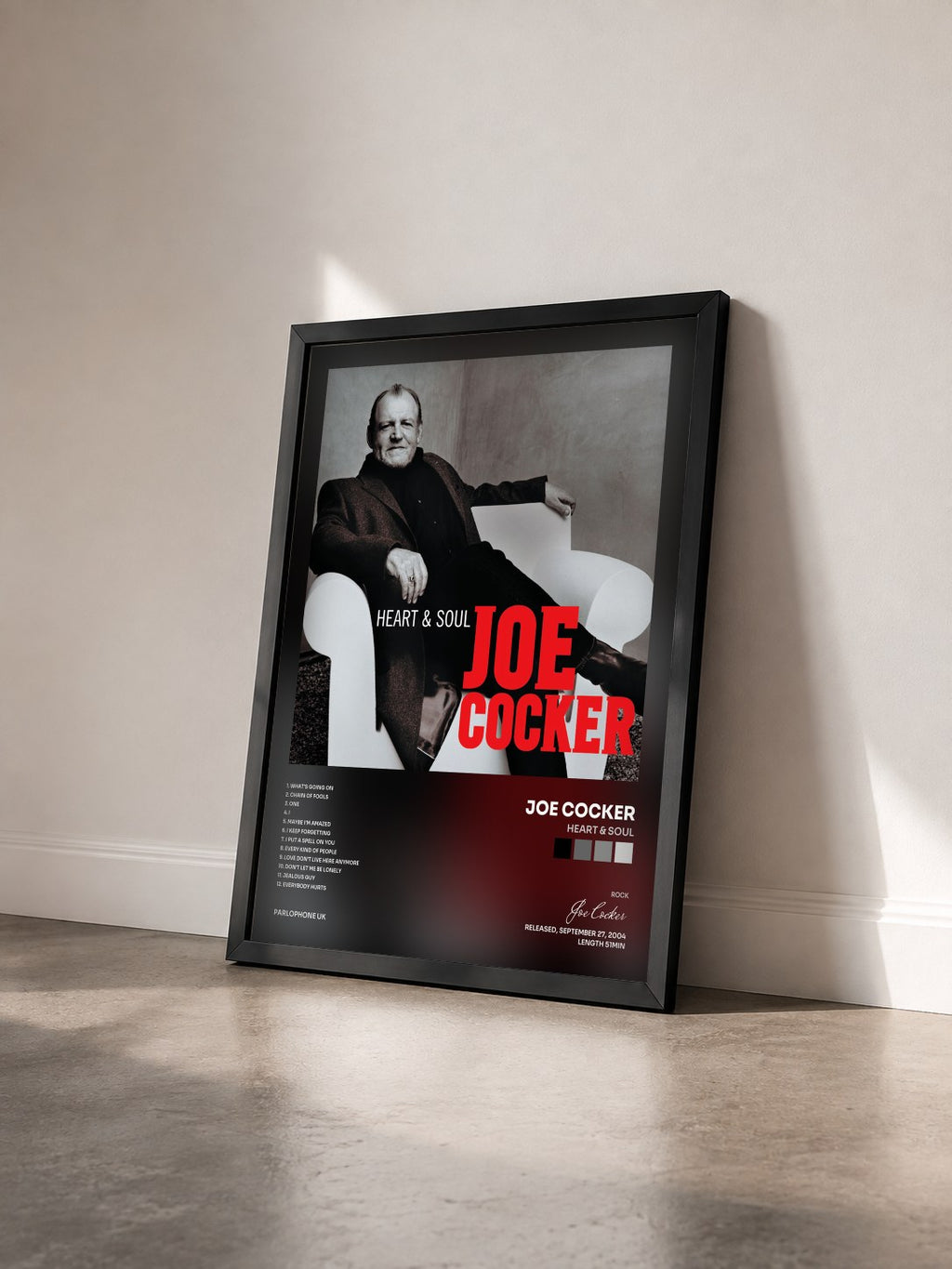 #noir Heart & Soul di Joe Cocker in stampa incorniciata vista di tre quarti, cornice nera