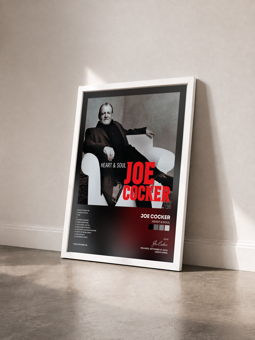 #blanc Heart & Soul di Joe Cocker in stampa incorniciata vista di tre quarti, cornice bianca