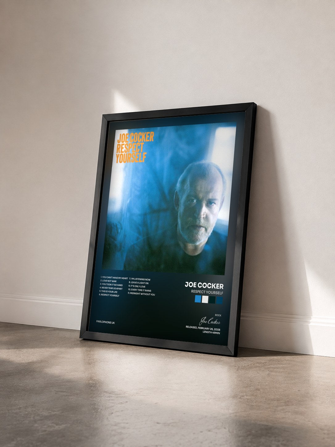 #noir Respect Yourself di Joe Cocker in stampa incorniciata vista di tre quarti, cornice nera
