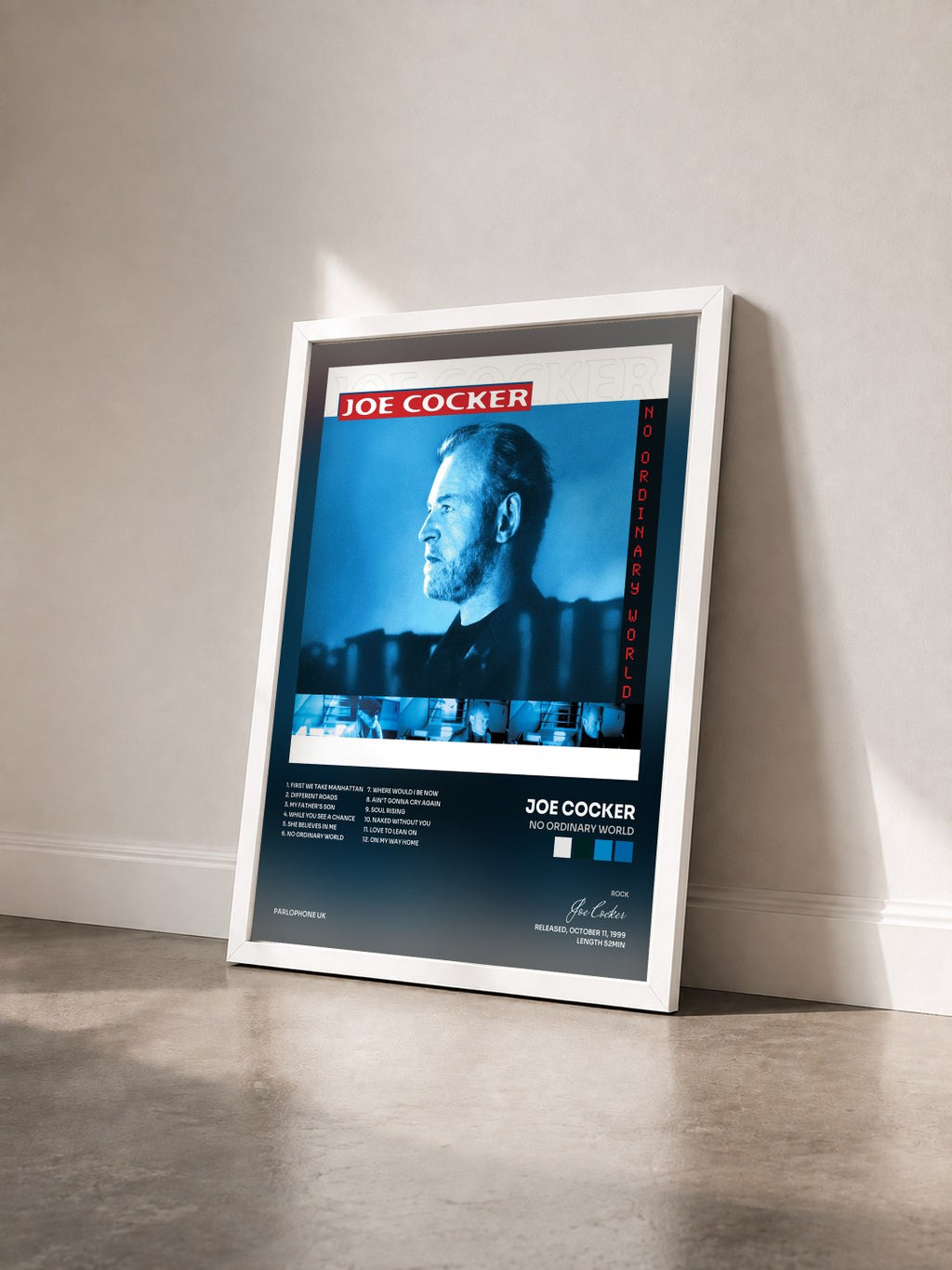 #blanc No Ordinary World by Joe Cocker as a framed art print seen at an angle, white frame