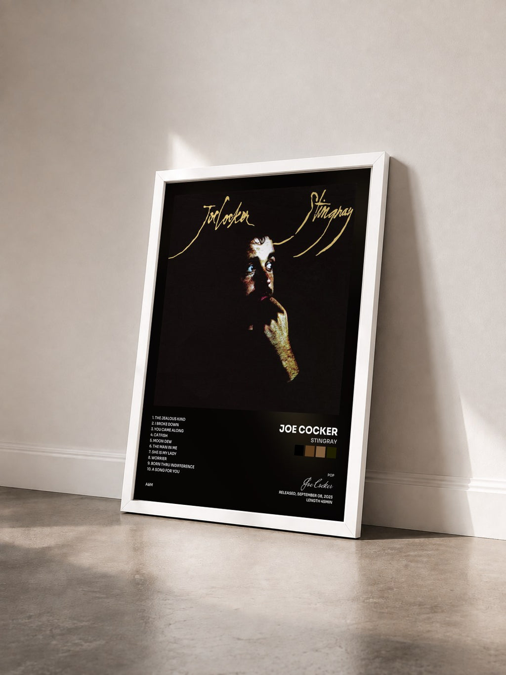 #blanc Tableau de l'album Stingray de Joe Cocker vu de trois quarts, cadre blanc