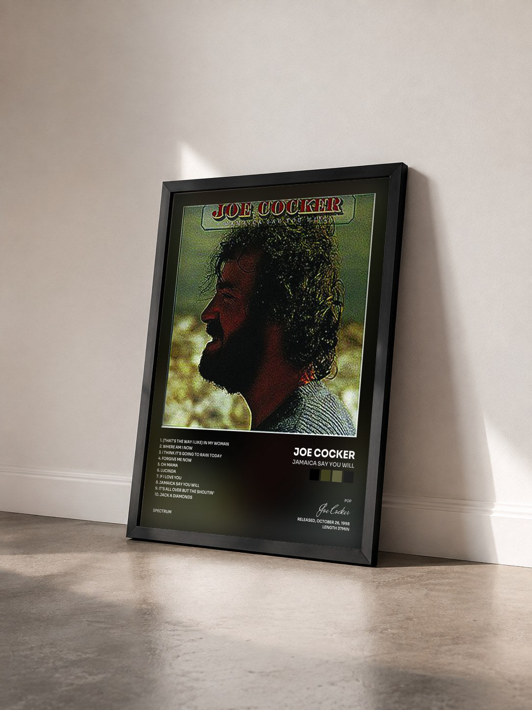#noir Jamaica Say You Will di Joe Cocker in stampa incorniciata vista di tre quarti, cornice nera