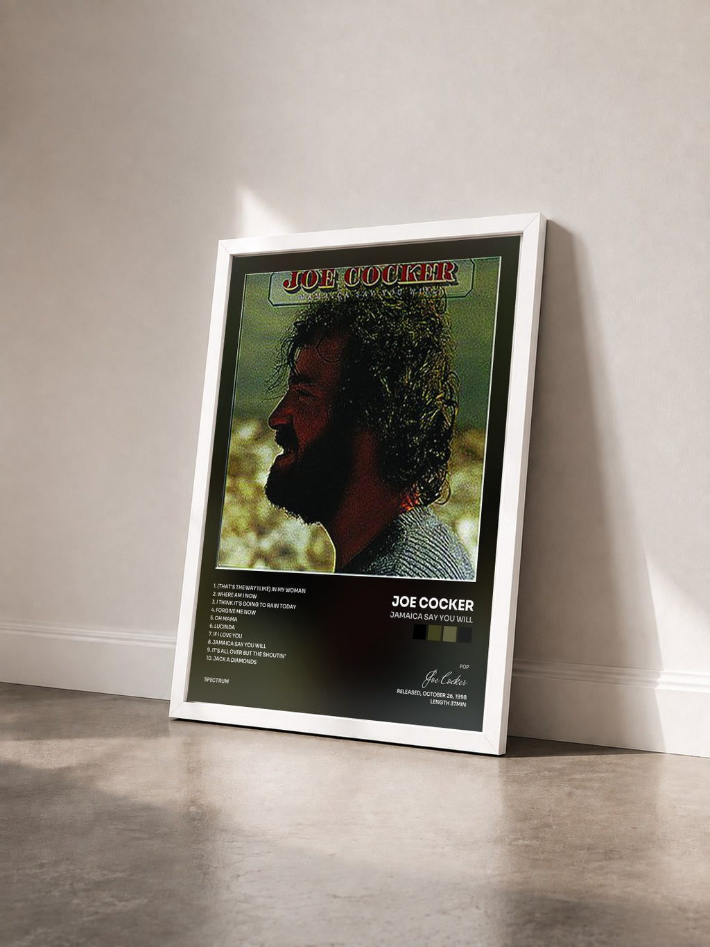 #blanc Jamaica Say You Will de Joe Cocker en lámina enmarcada vista de tres cuartos, marco blanco
