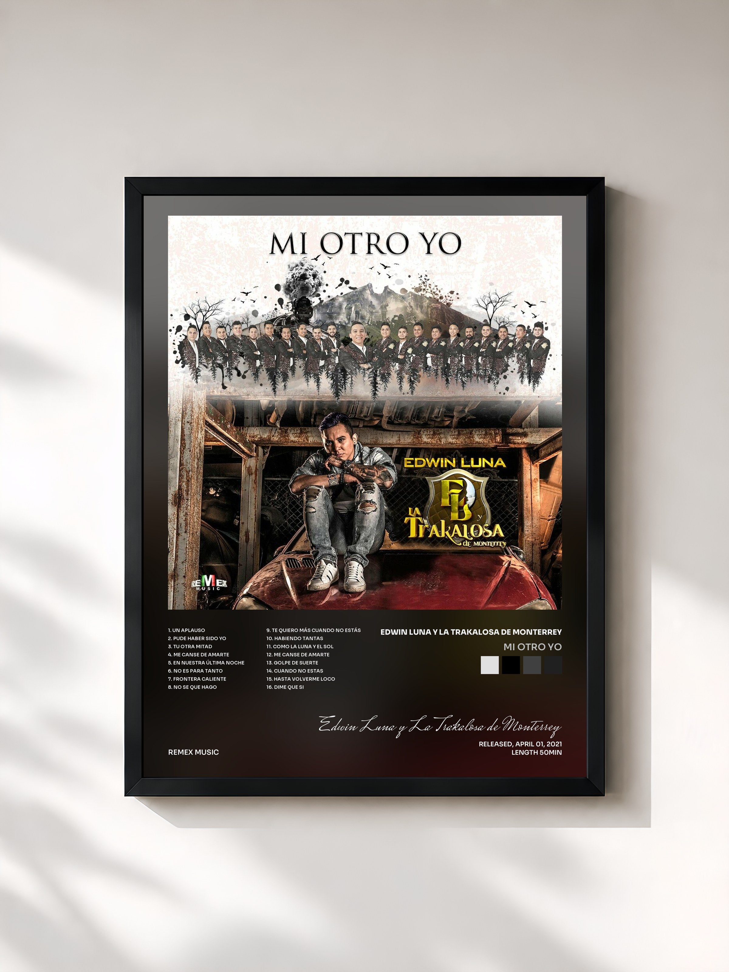 #noir Tableau de l'album Mi Otro Yo de Edwin Luna y La Trakalosa de Monterrey, cadre noir, imprimé et encadré en France