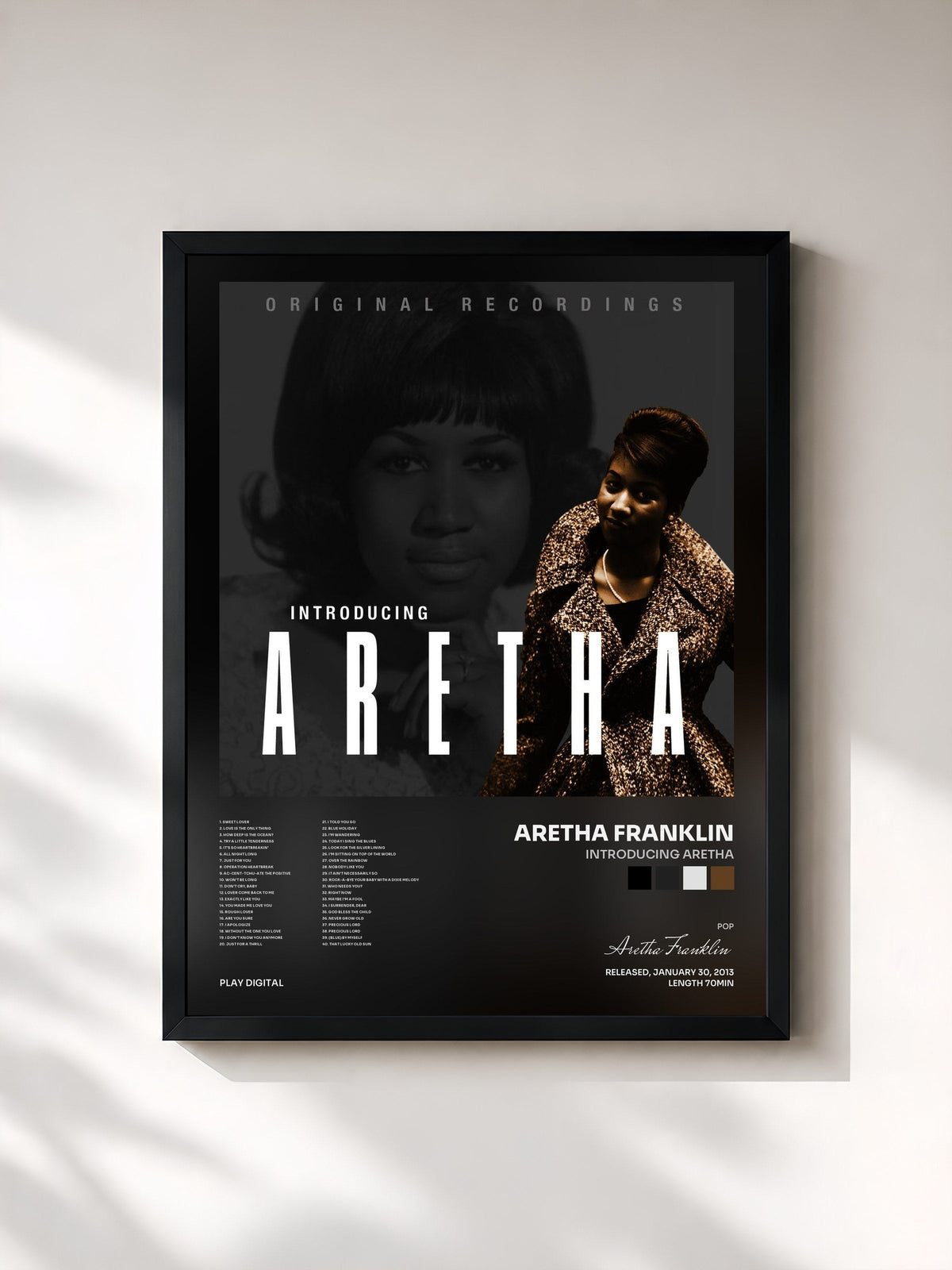 #noir Tableau de l'album Introducing Aretha de Aretha Franklin, cadre noir, imprimé et encadré en France