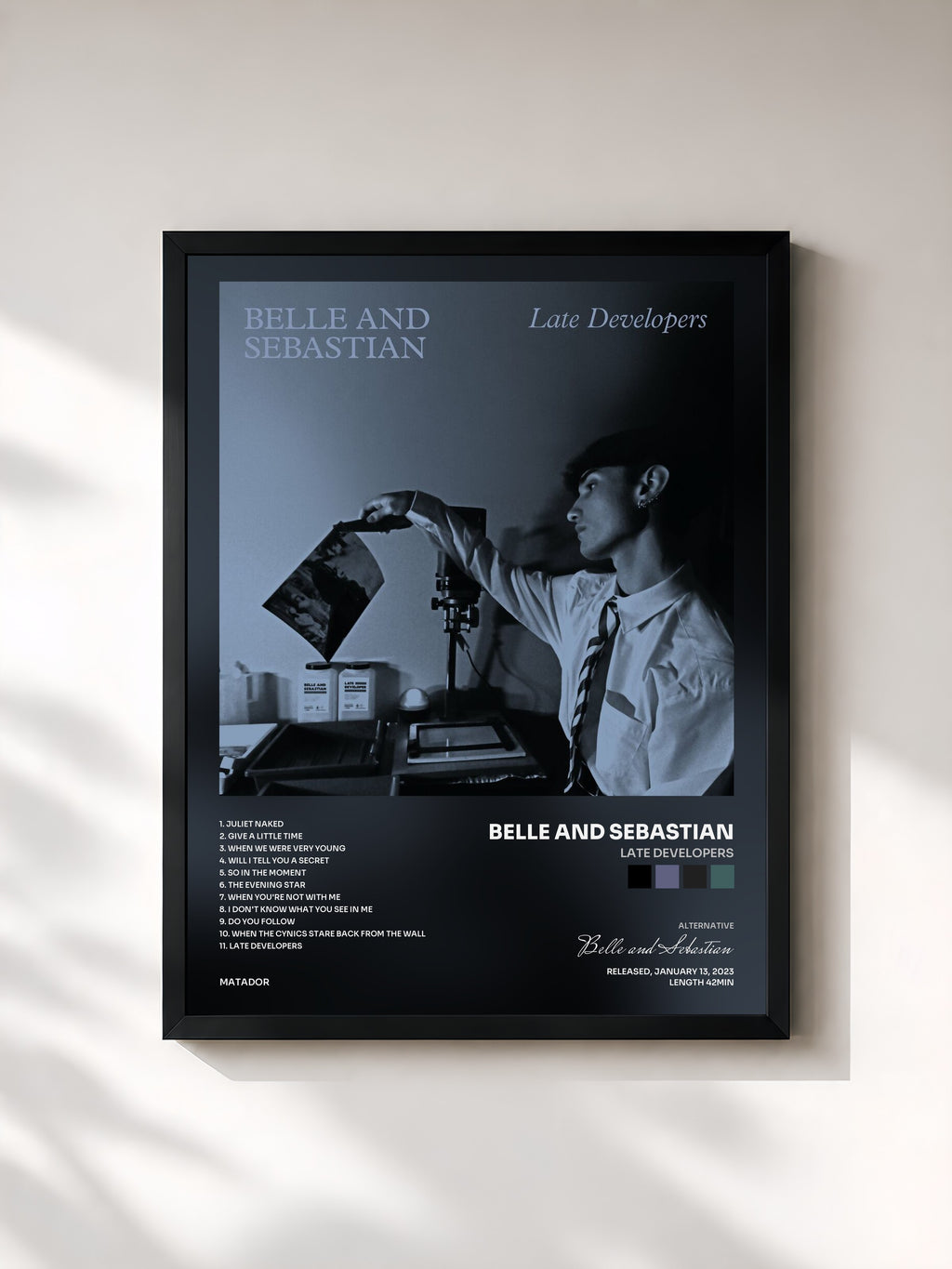 #noir Tableau de l'album Late Developers de Belle and Sebastian, cadre noir, imprimé et encadré en France