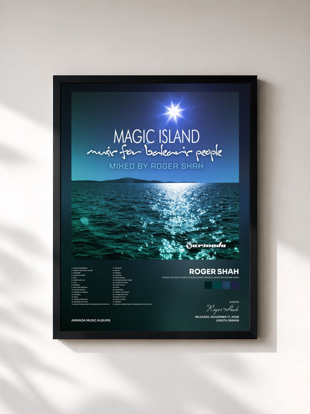 #noir Tableau de l'album Magic Island, Music For Balearic People, mixed by Roger Shah de Roger Shah, cadre noir, imprimé et encadré en France