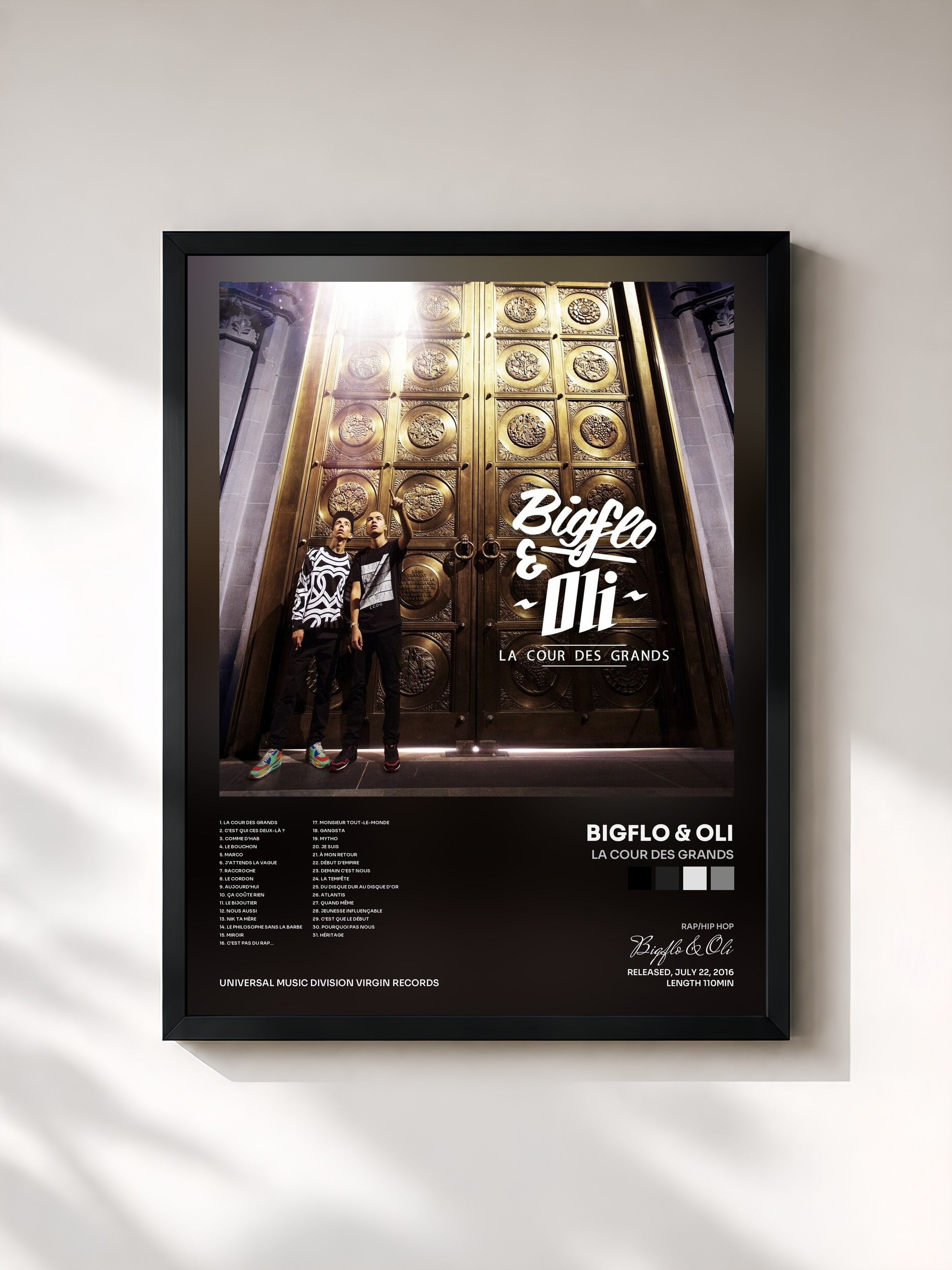#noir Tableau de l'album La cour des grands de Bigflo & Oli, cadre noir, imprimé et encadré en France