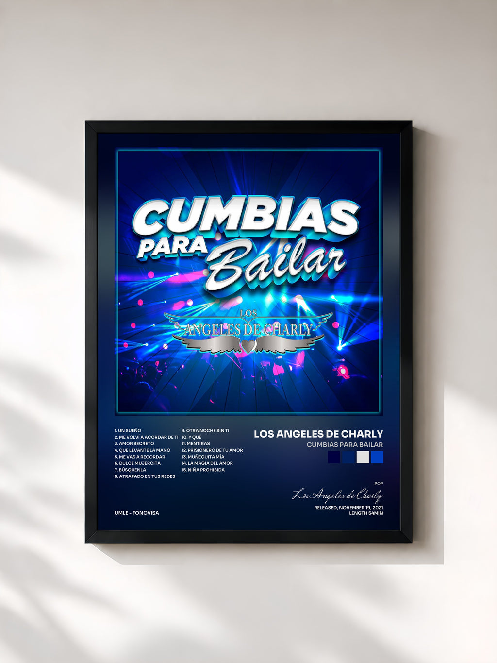 #noir Tableau de l'album Cumbias Para Bailar de Los Angeles de Charly, cadre noir, imprimé et encadré en France