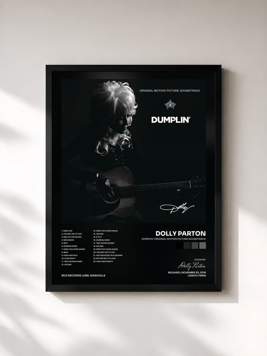 #noir Tableau de l'album Dumplin' Original Motion Picture Soundtrack de Dolly Parton, cadre noir, imprimé et encadré en France
