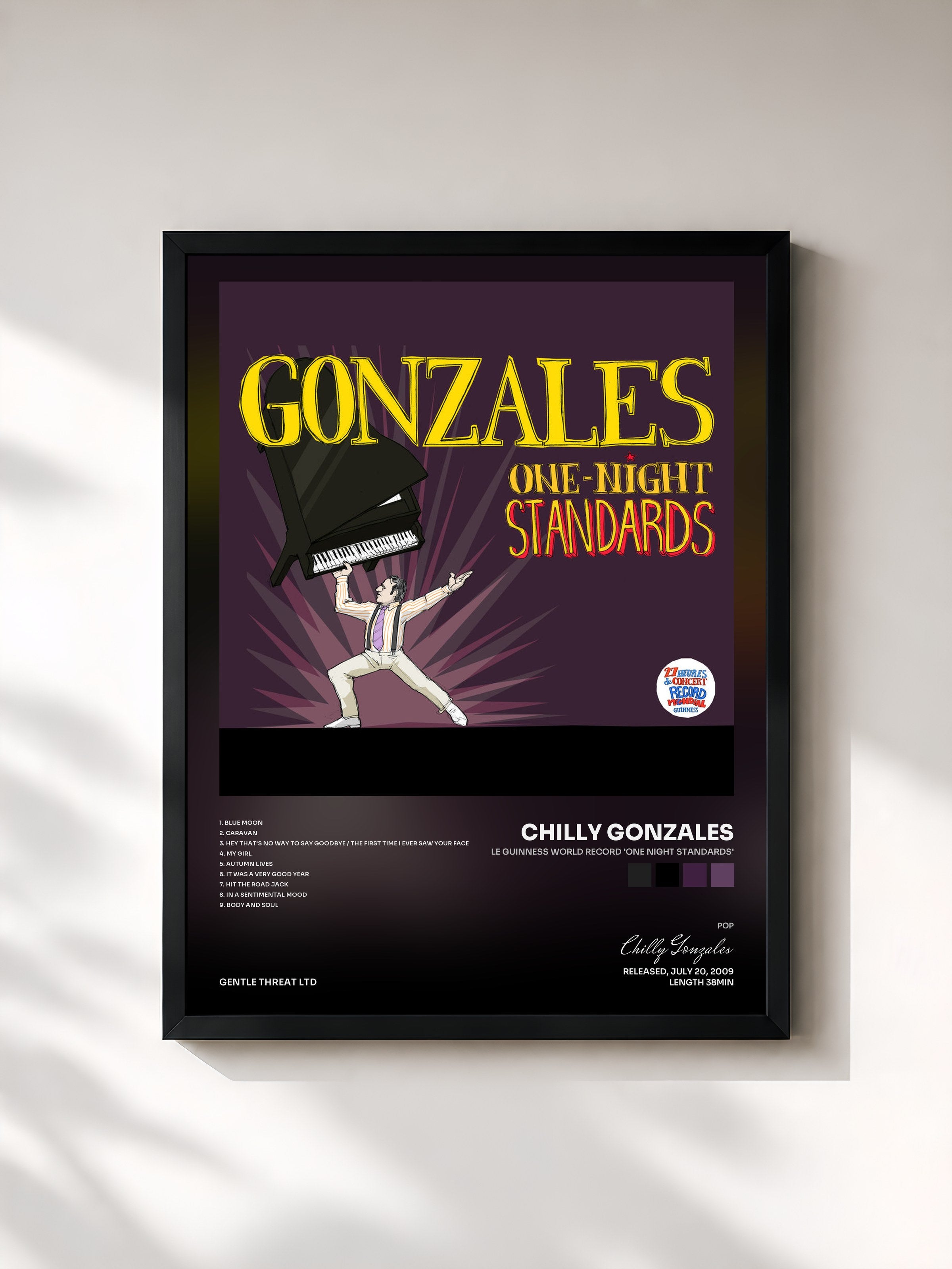 #noir Tableau de l'album Le Guinness World Record 'One Night Standards' de Chilly Gonzales, cadre noir, imprimé et encadré en France