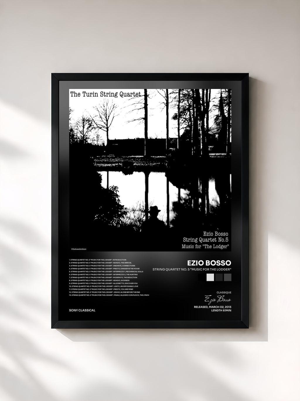 #noir Tableau de l'album String Quartet No. 5 "Music for the Lodger" de Ezio Bosso, cadre noir, imprimé et encadré en France