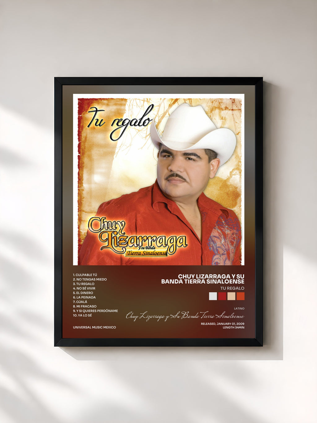 #noir Tableau de l'album Tu Regalo de Chuy Lizarraga y Su Banda Tierra Sinaloense, cadre noir, imprimé et encadré en France