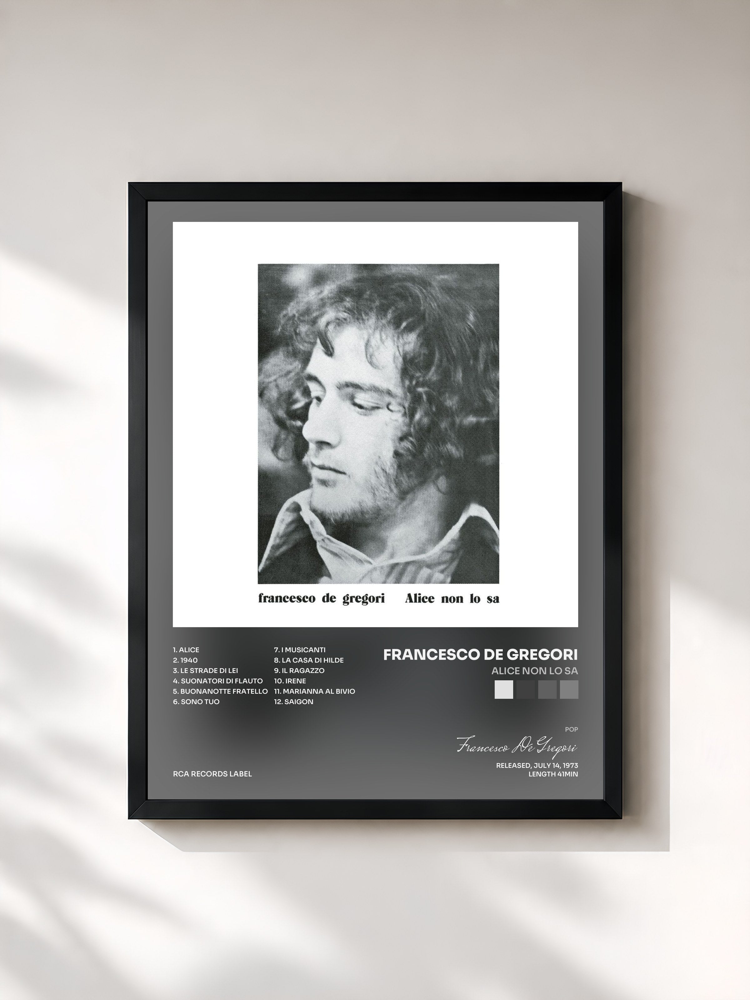 #noir Tableau de l'album Alice Non Lo Sa de Francesco De Gregori, cadre noir, imprimé et encadré en France