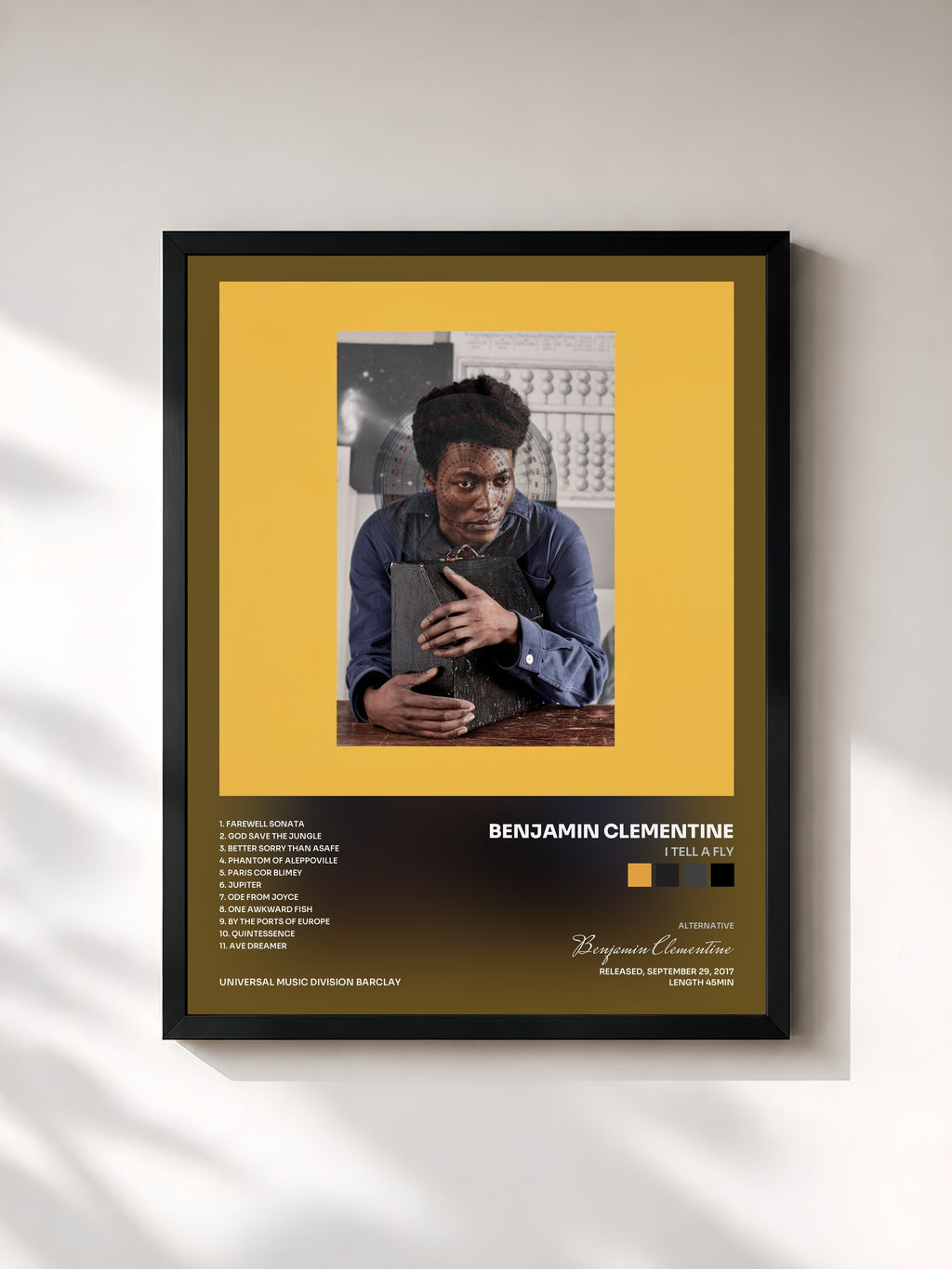#noir Tableau de l'album I Tell A Fly de Benjamin Clementine, cadre noir, imprimé et encadré en France