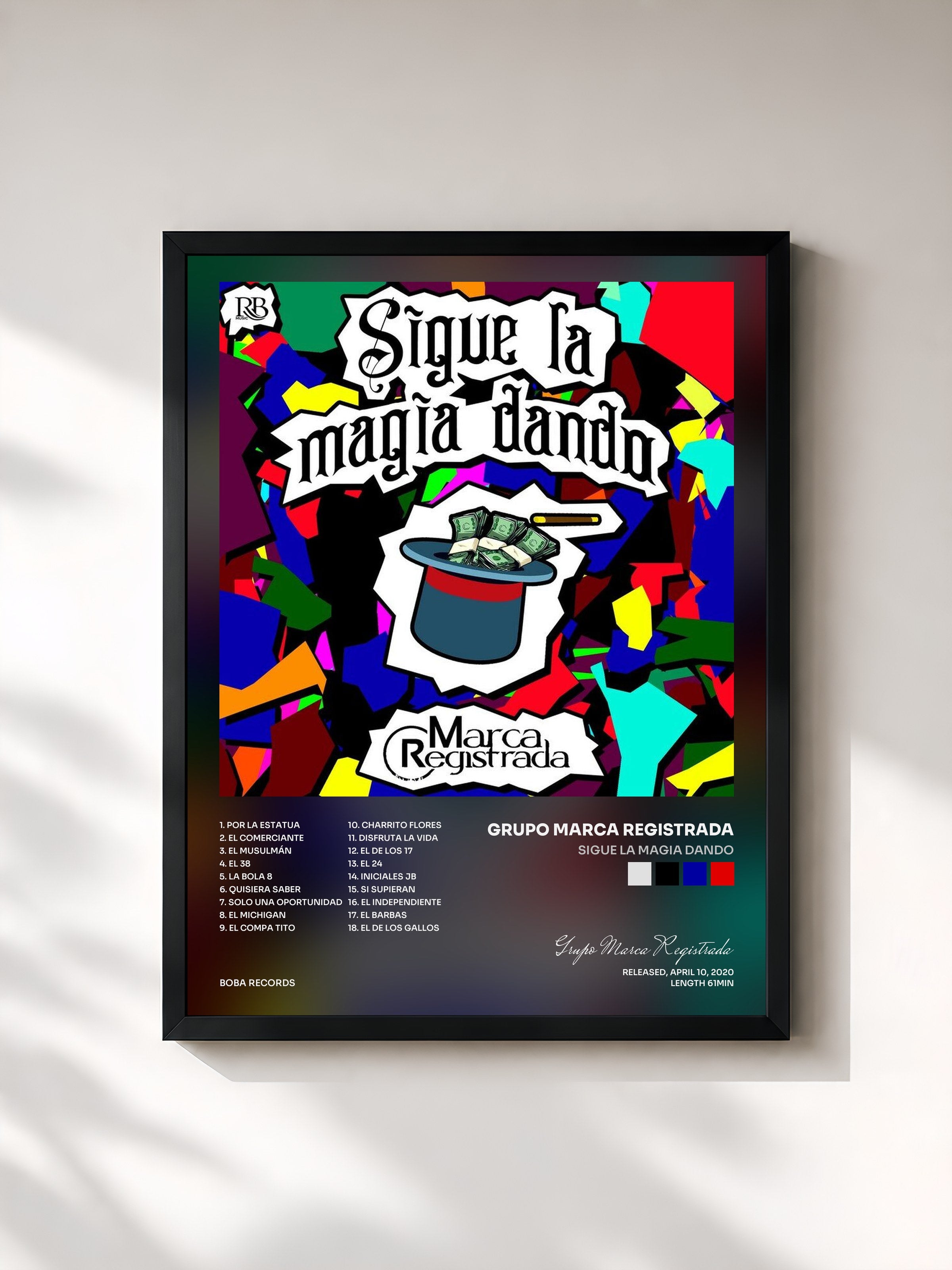#noir Tableau de l'album Sigue La Magia Dando de Grupo Marca Registrada, cadre noir, imprimé et encadré en France
