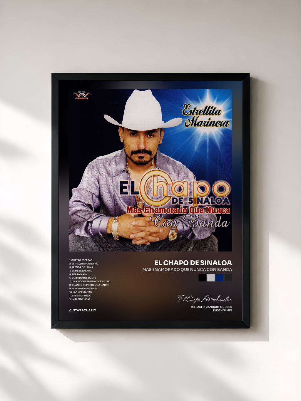 #noir Tableau de l'album Mas Enamorado Que Nunca Con Banda de El Chapo De Sinaloa, cadre noir, imprimé et encadré en France