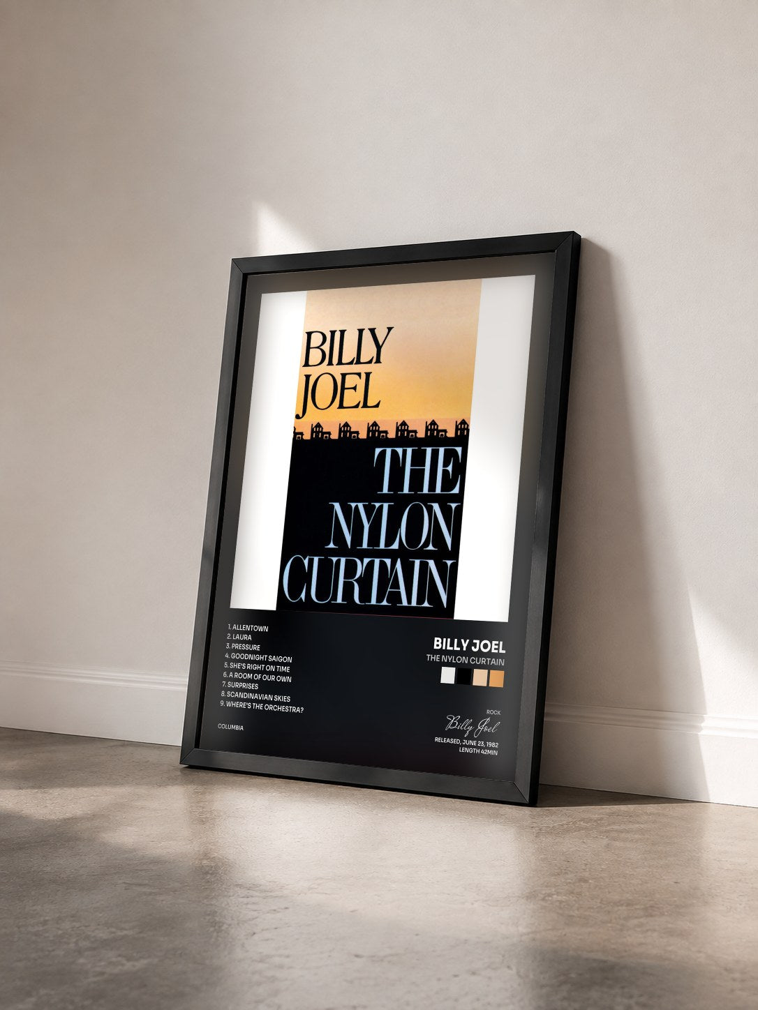 #noir The Nylon Curtain de Billy Joel en lámina enmarcada vista de tres cuartos, marco negro