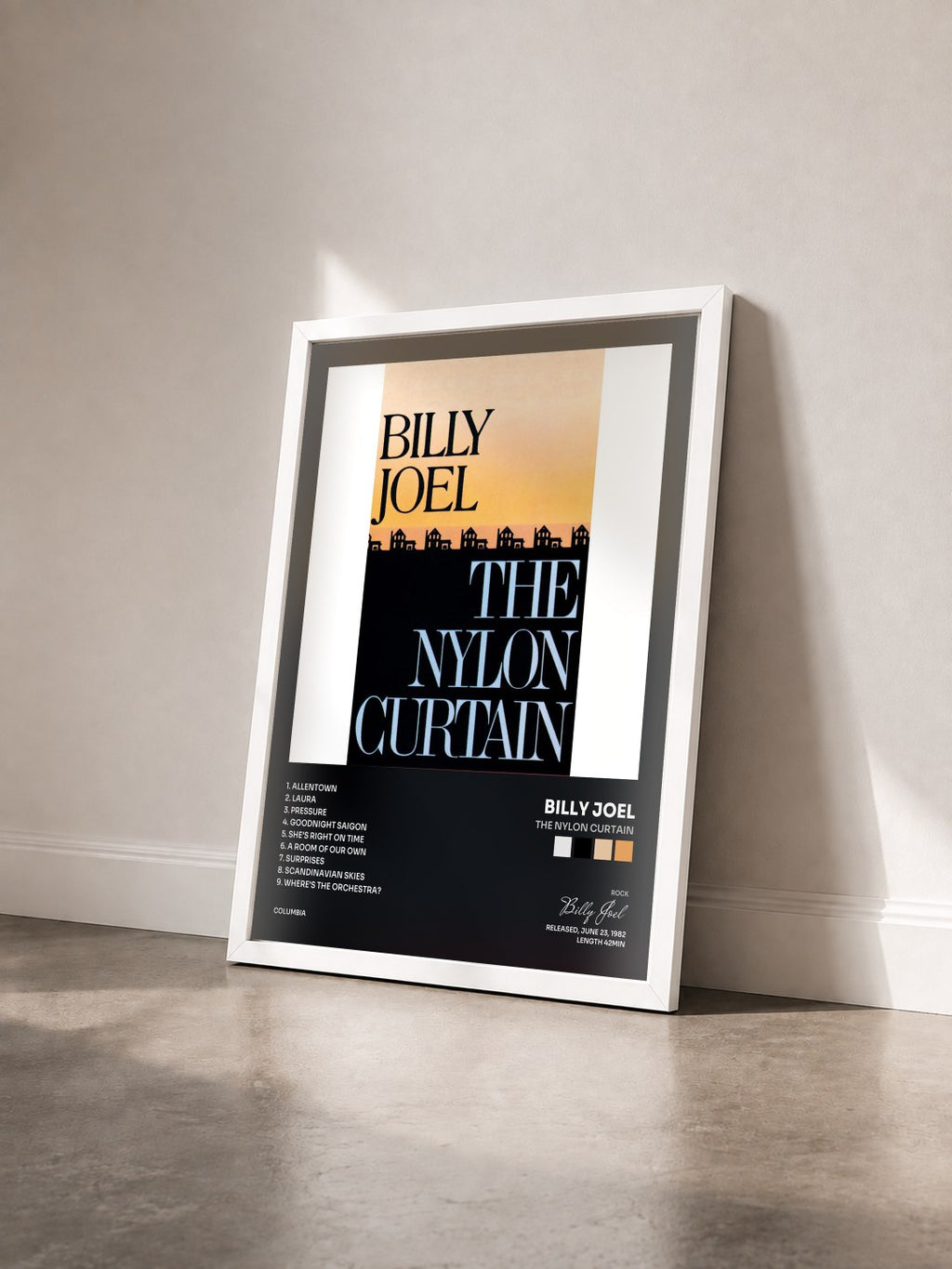 #blanc Tableau de l'album The Nylon Curtain de Billy Joel vu de trois quarts, cadre blanc