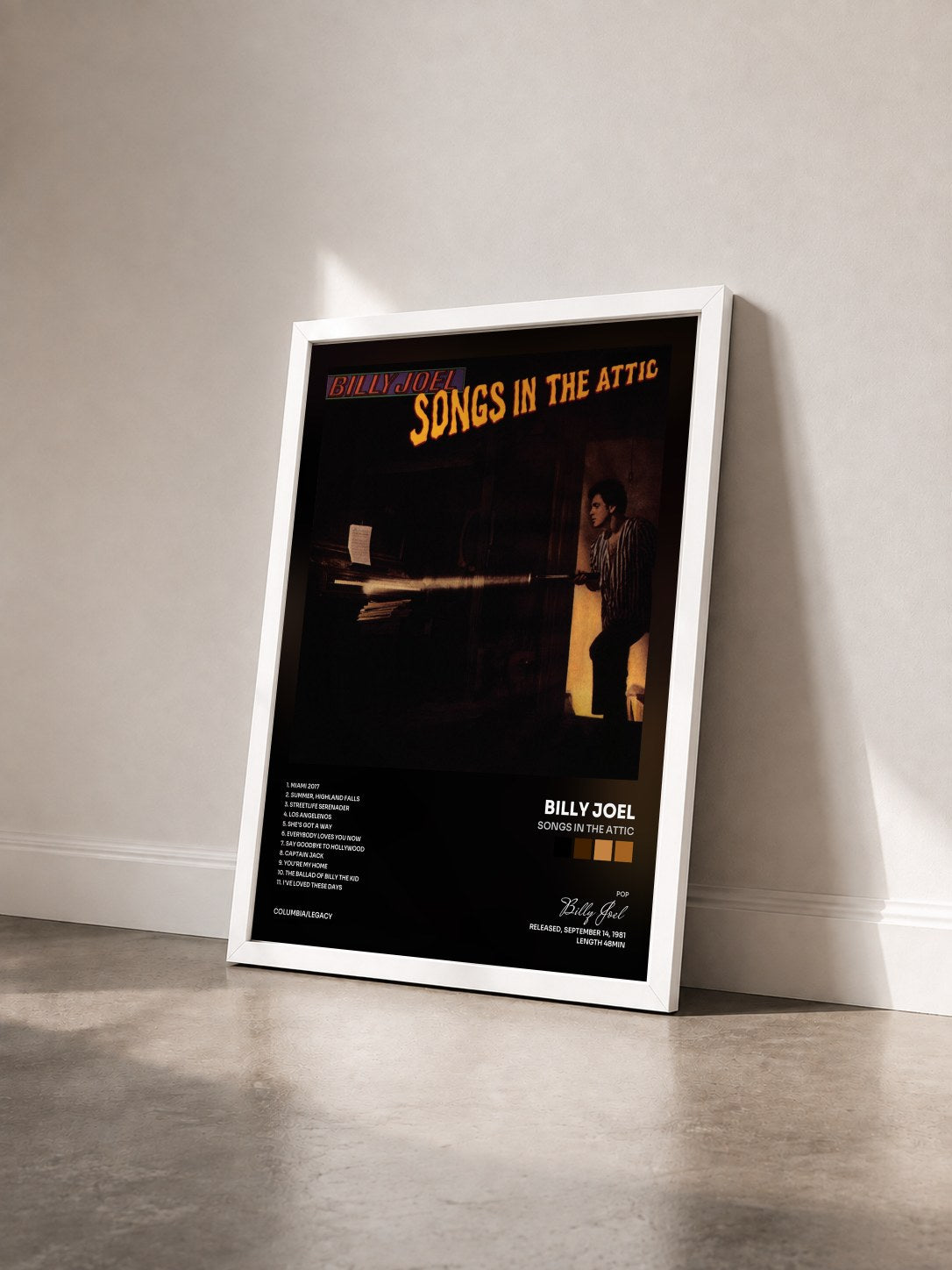 #blanc Songs In the Attic de Billy Joel en lámina enmarcada vista de tres cuartos, marco blanco