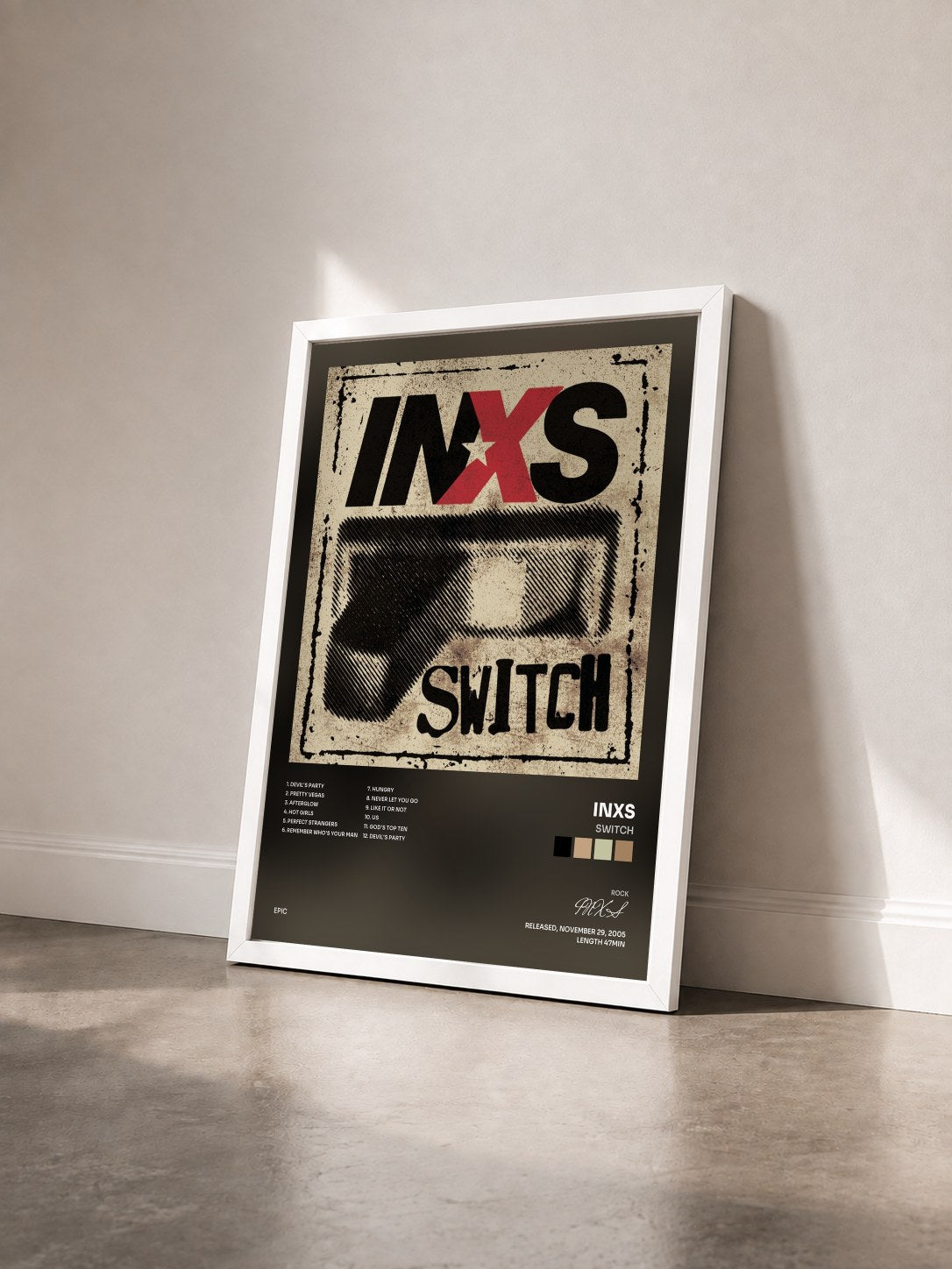 #blanc Tableau de l'album Switch de INXS vu de trois quarts, cadre blanc