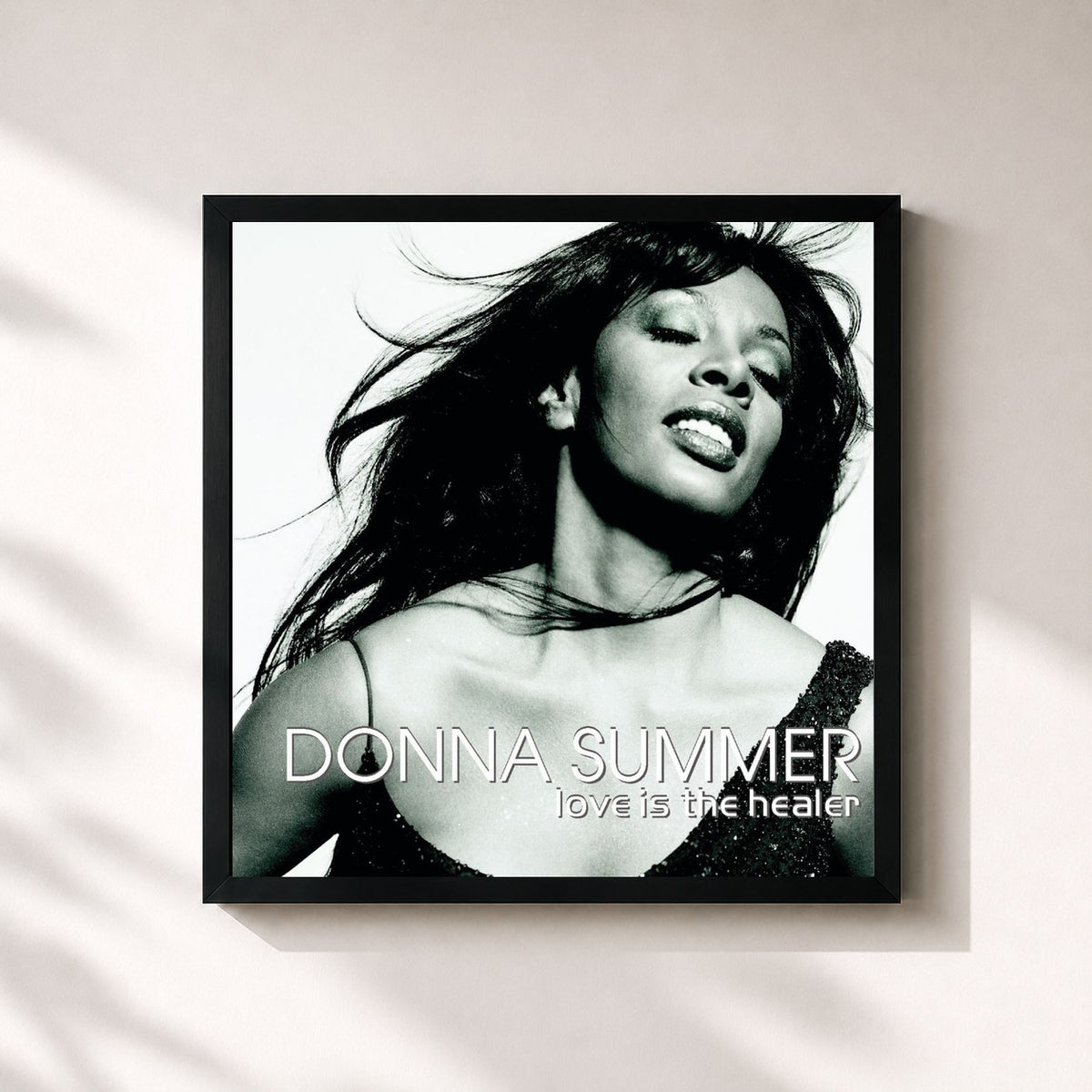 #noir Tableau carré de l'album Love Is The Healer de Donna Summer, cadre noir 32x32 cm