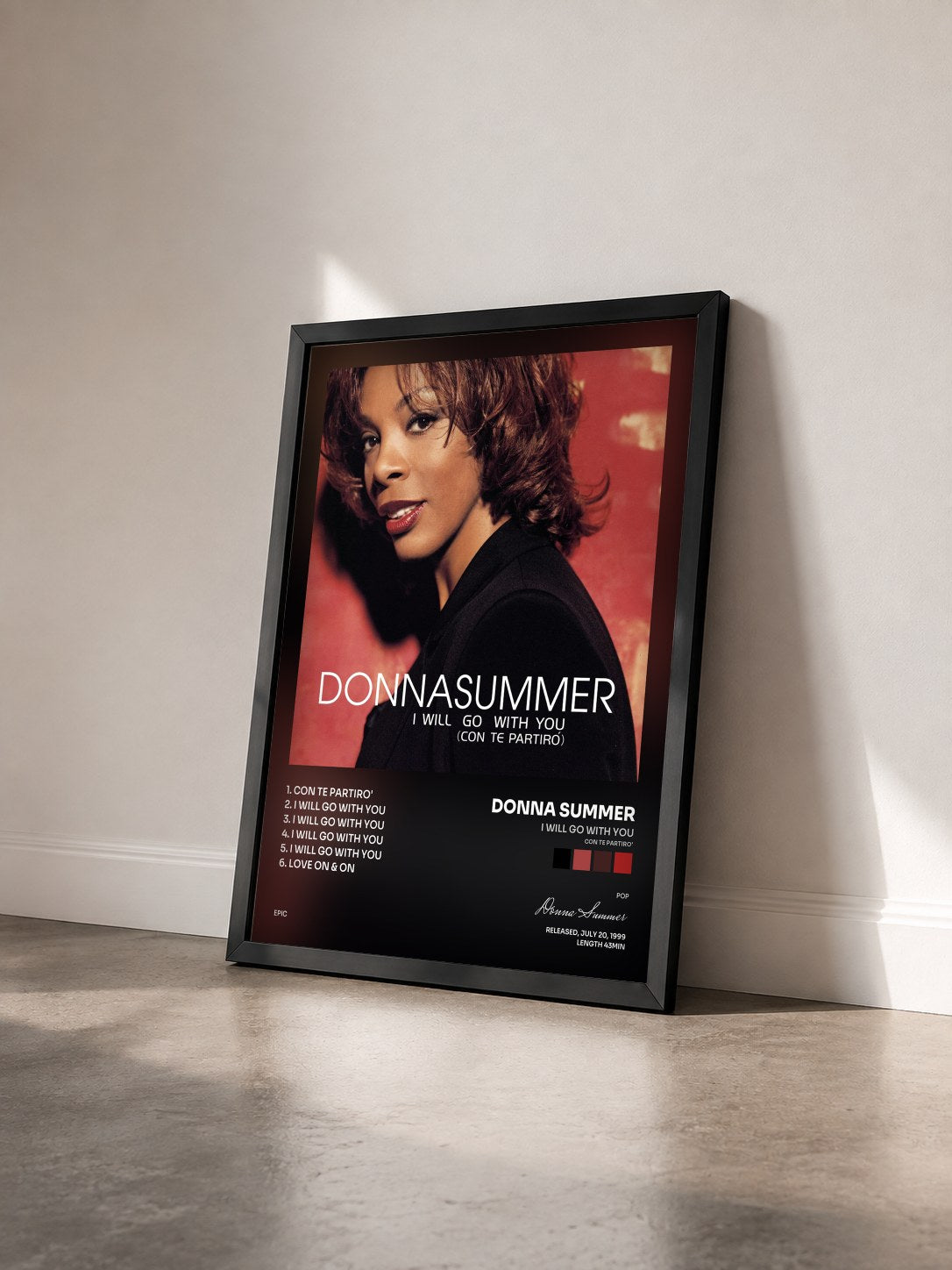 #noir Tableau de l'album I Will Go With You (Con Te Partiro') de Donna Summer vu de trois quarts, cadre noir