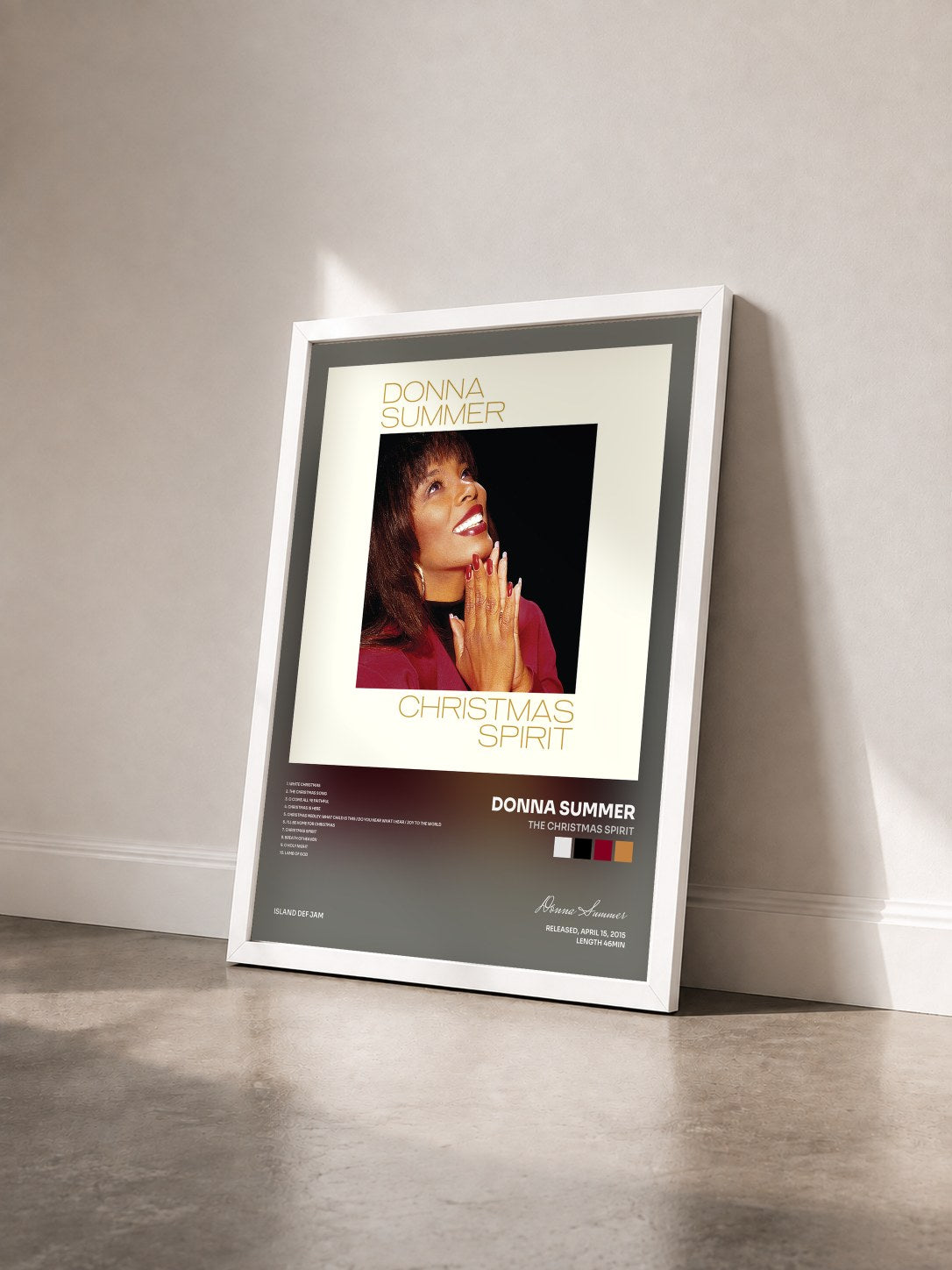 #blanc Tableau de l'album The Christmas Spirit de Donna Summer vu de trois quarts, cadre blanc