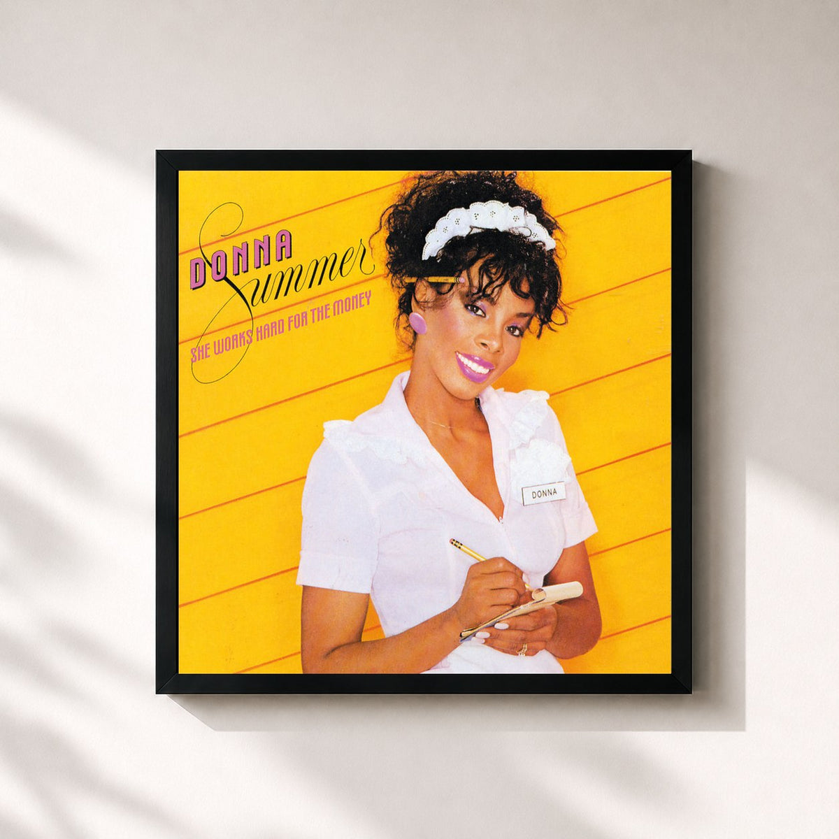 #noir Tableau carré de l'album She Works Hard For The Money de Donna Summer, cadre noir 32x32 cm