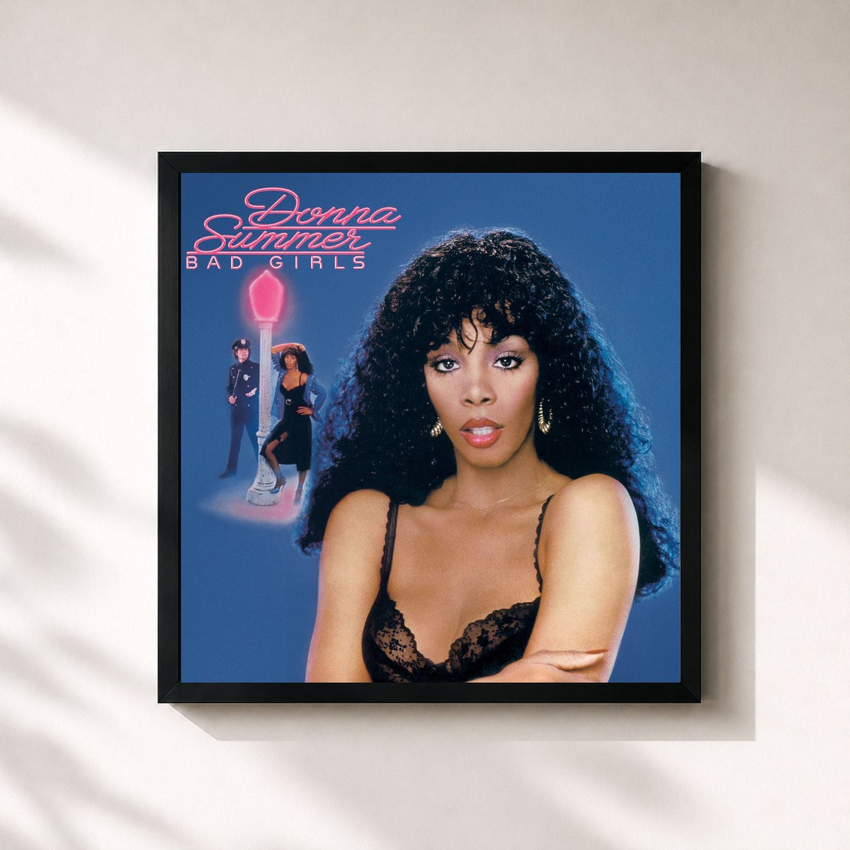 #noir Tableau carré de l'album Bad Girls de Donna Summer, cadre noir 32x32 cm