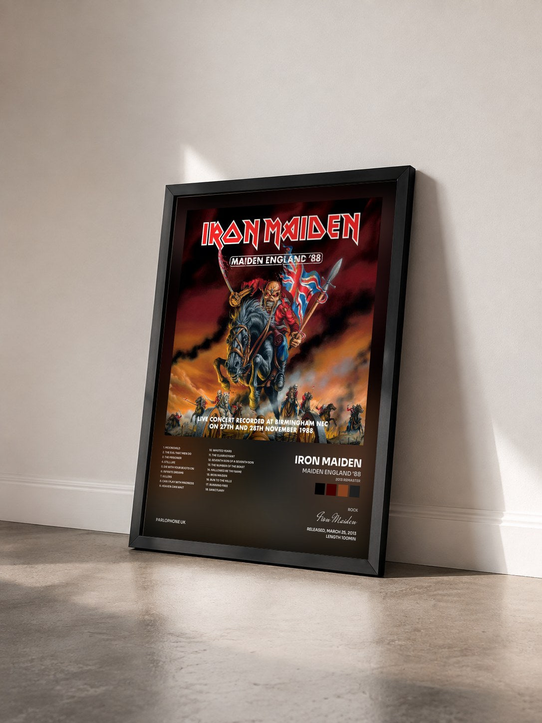 #noir Maiden England '88 (2013 Remaster) by Iron Maiden as a framed art print seen at an angle, black frame