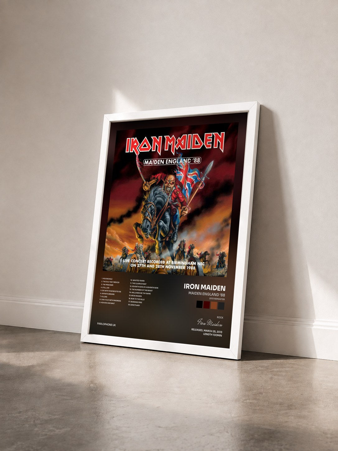 #blanc Maiden England '88 (2013 Remaster) by Iron Maiden as a framed art print seen at an angle, white frame