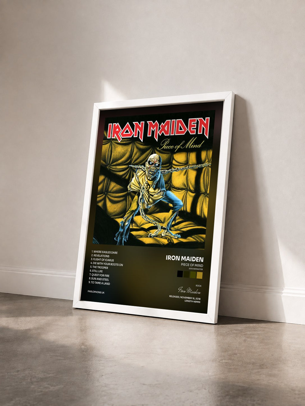 #blanc Tableau de l'album Piece of Mind (2015 Remaster) de Iron Maiden vu de trois quarts, cadre blanc