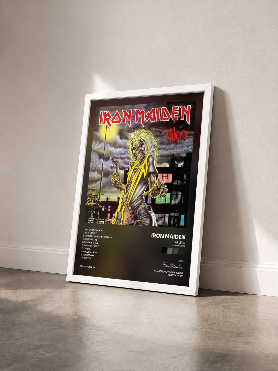 #blanc Tableau de l'album Killers (2015 Remaster) de Iron Maiden vu de trois quarts, cadre blanc