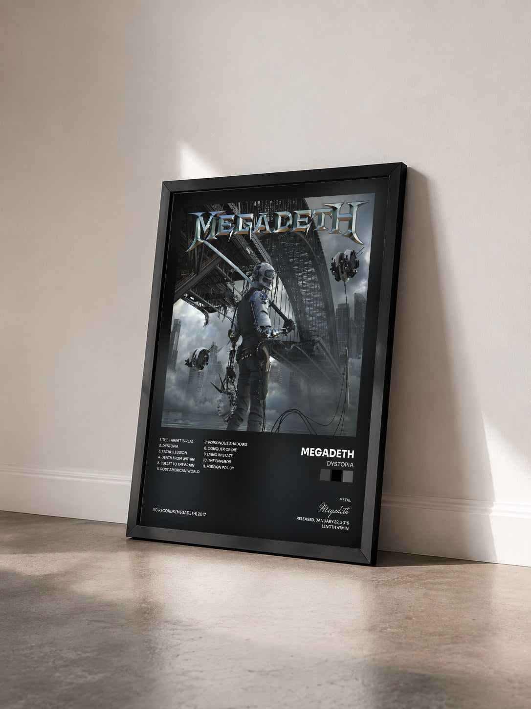 #noir Tableau de l'album Dystopia de Megadeth vu de trois quarts, cadre noir