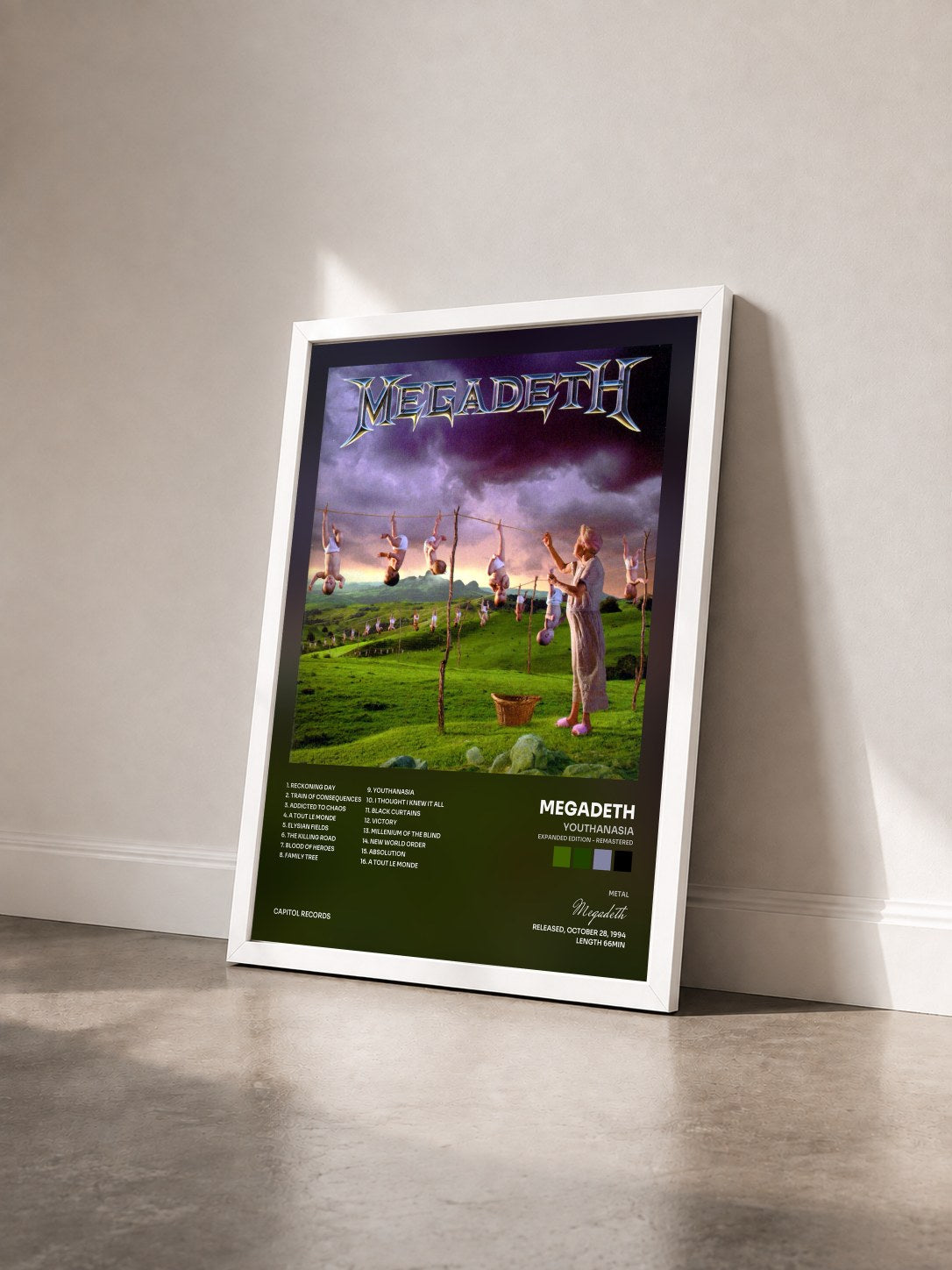 #blanc Tableau de l'album Youthanasia (Expanded Edition - Remastered) de Megadeth vu de trois quarts, cadre blanc