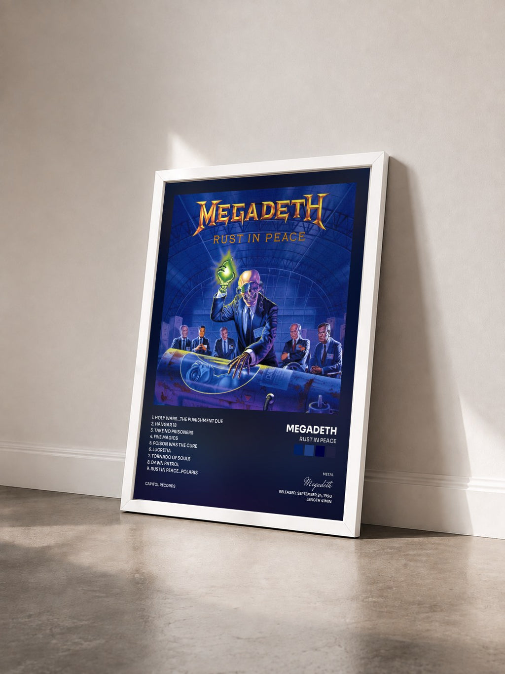 #blanc Tableau de l'album Rust In Peace de Megadeth vu de trois quarts, cadre blanc