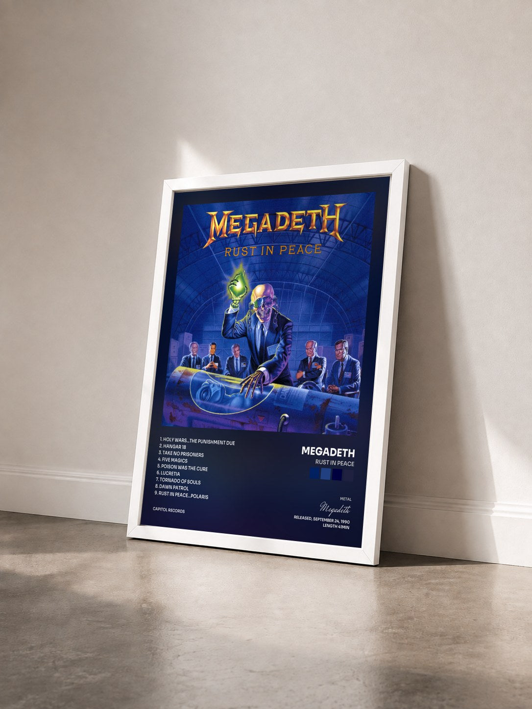 #blanc Rust In Peace by Megadeth as a framed art print seen at an angle, white frame