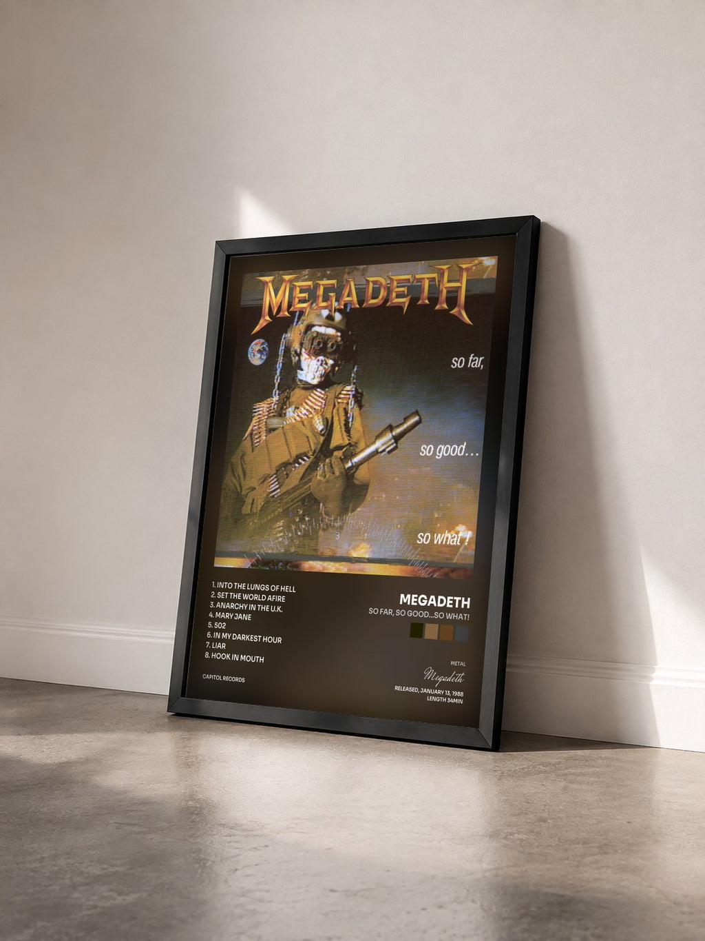 #noir Tableau de l'album So Far, So Good...So What! de Megadeth vu de trois quarts, cadre noir
